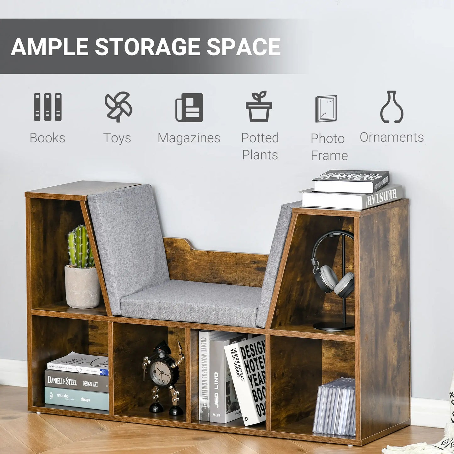 HOMCOM Bookcase with Cushioned Seat – Storage Cube Shelf Reading Bench, Rustic Brown