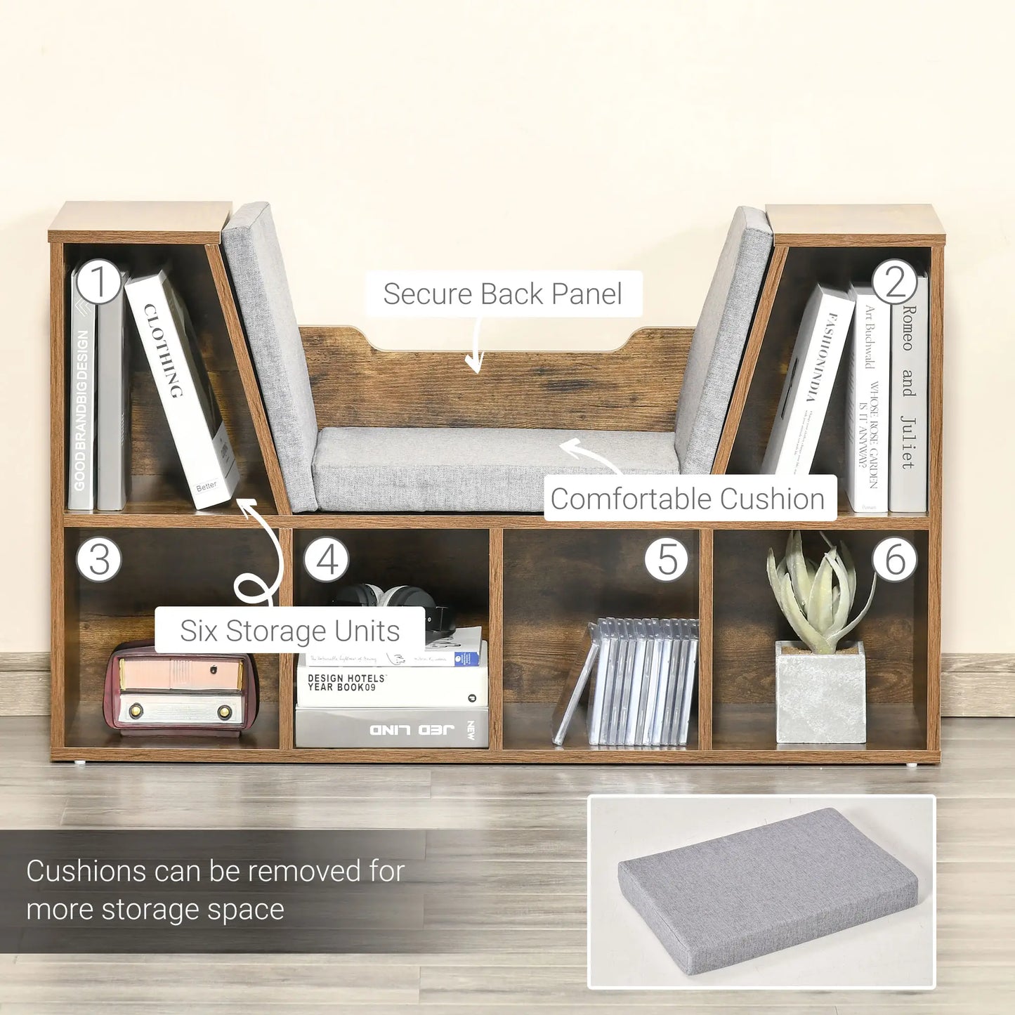 HOMCOM Bookcase with Cushioned Seat – Storage Cube Shelf Reading Bench, Rustic Brown