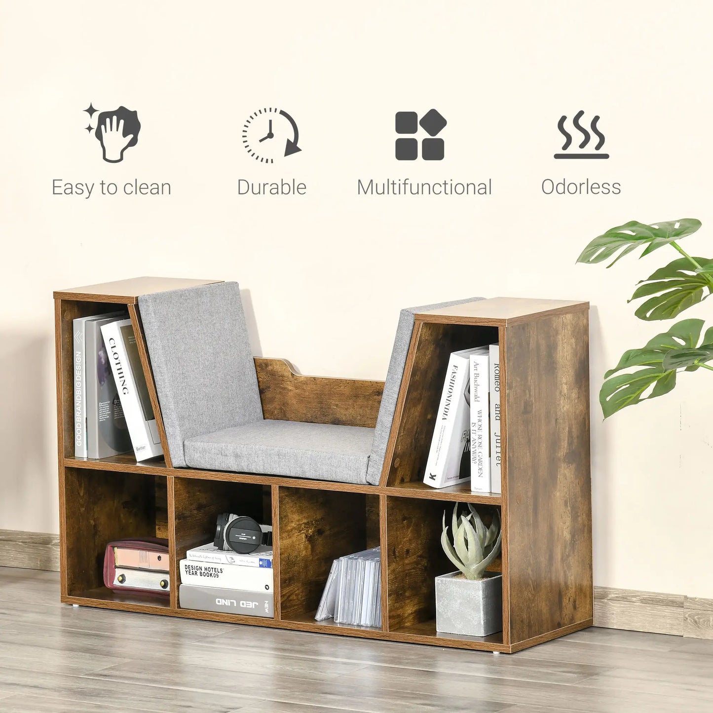 HOMCOM Bookcase with Cushioned Seat – Storage Cube Shelf Reading Bench, Rustic Brown