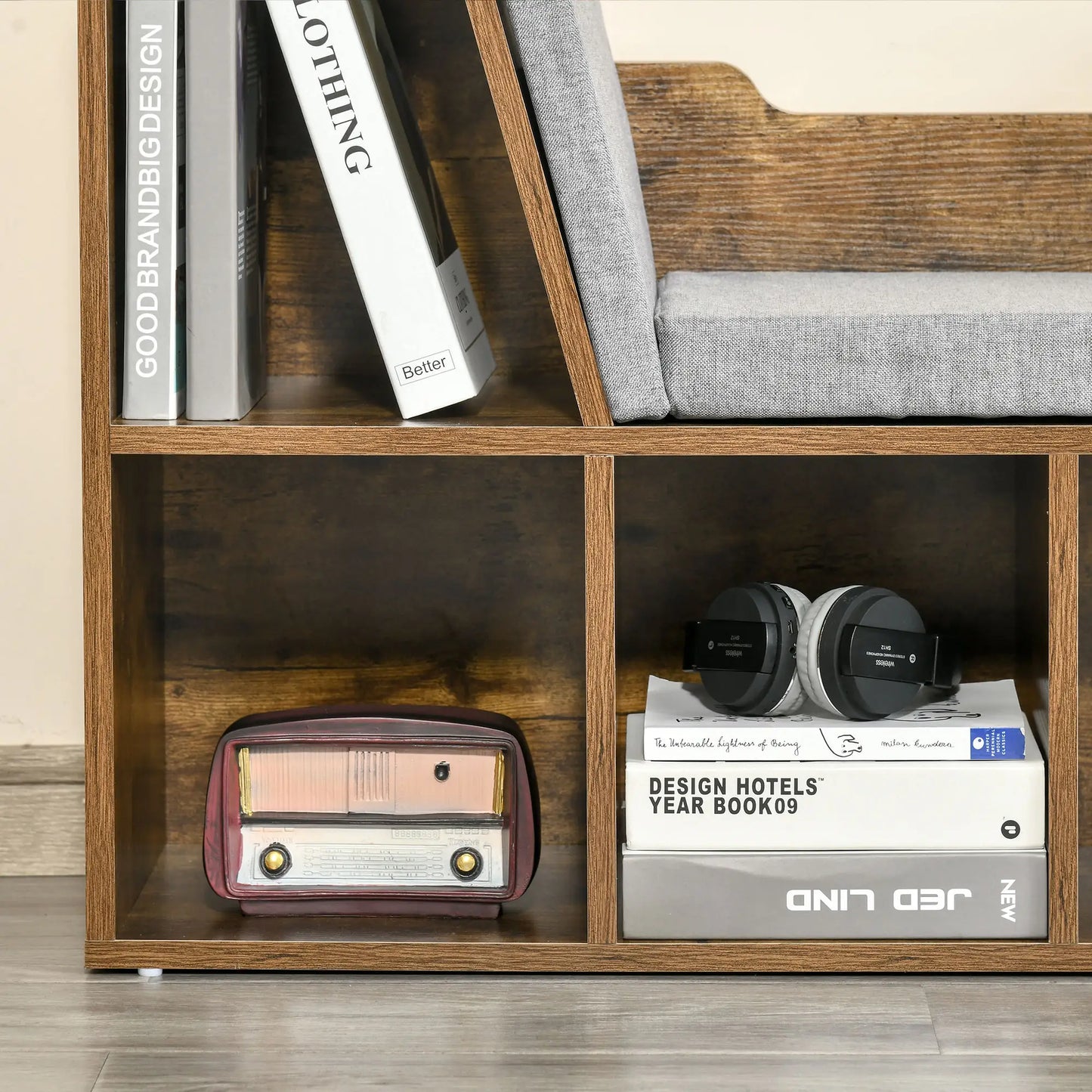 HOMCOM Bookcase with Cushioned Seat – Storage Cube Shelf Reading Bench, Rustic Brown