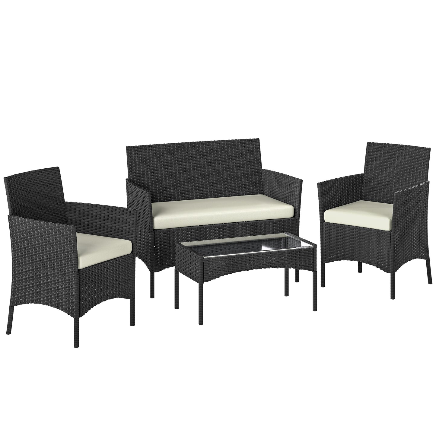 Black & Cream Rattan Garden Furniture Sofa Set – 4 Seater Patio Lounge Set with Glass Table