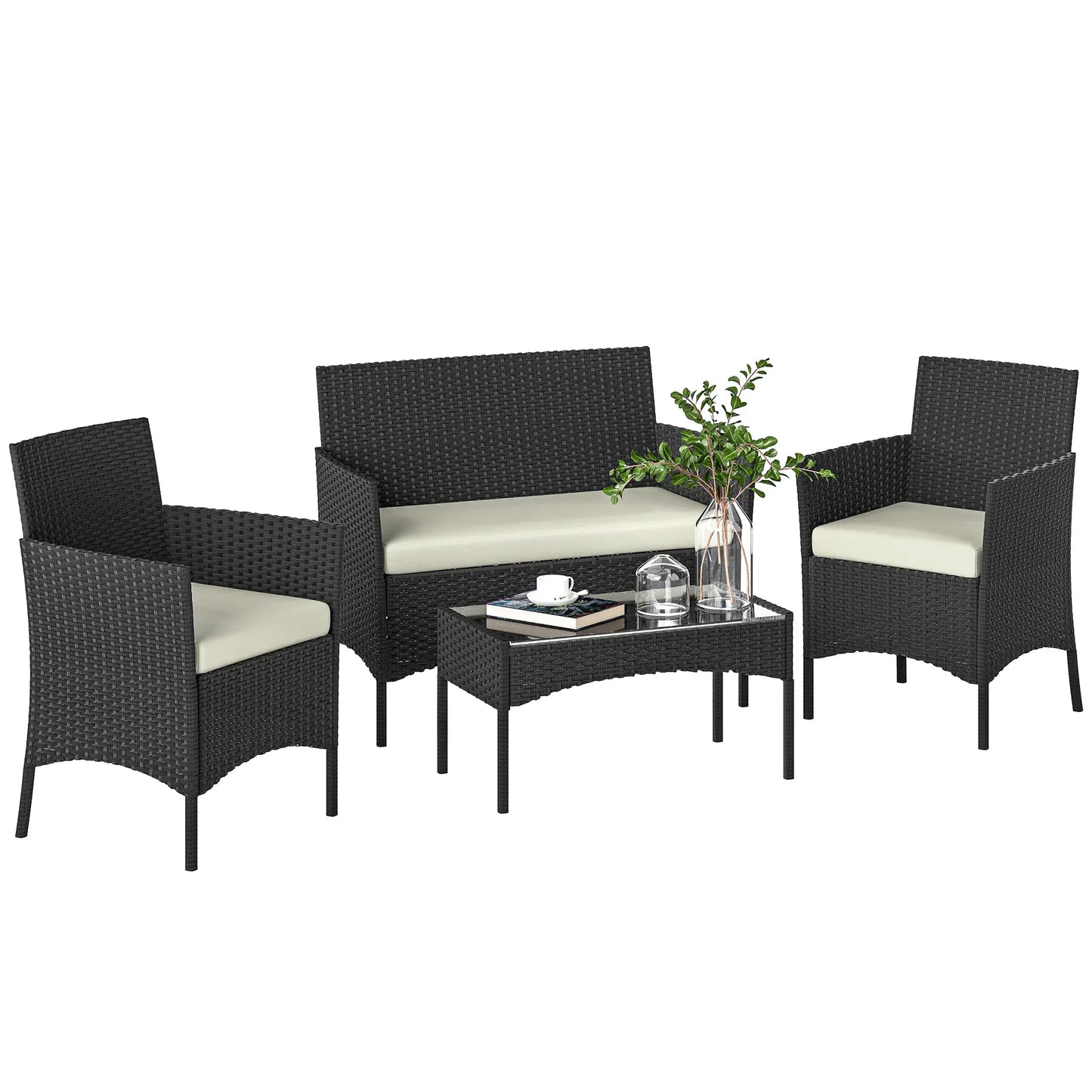 Black & Cream Rattan Garden Furniture Sofa Set – 4 Seater Patio Lounge Set with Glass Table