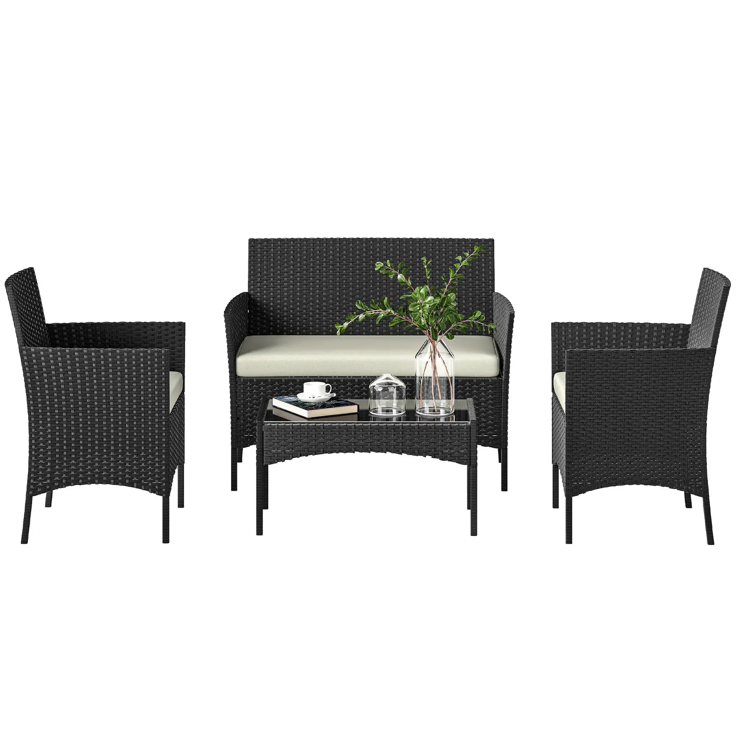 Black & Cream Rattan Garden Furniture Sofa Set – 4 Seater Patio Lounge Set with Glass Table