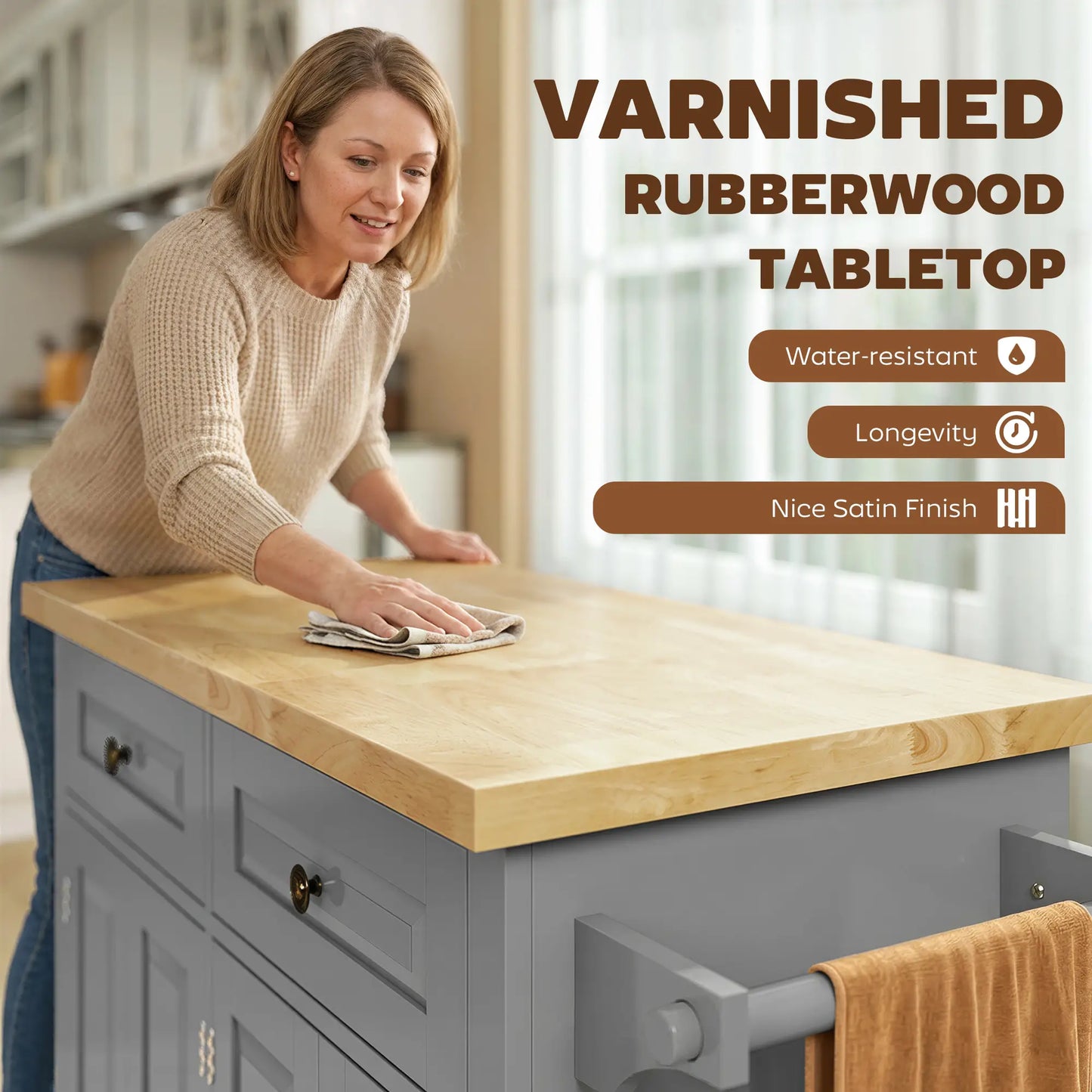 Kitchen Island Storage Rolling Trolley with Rubber Wood Top - Grey
