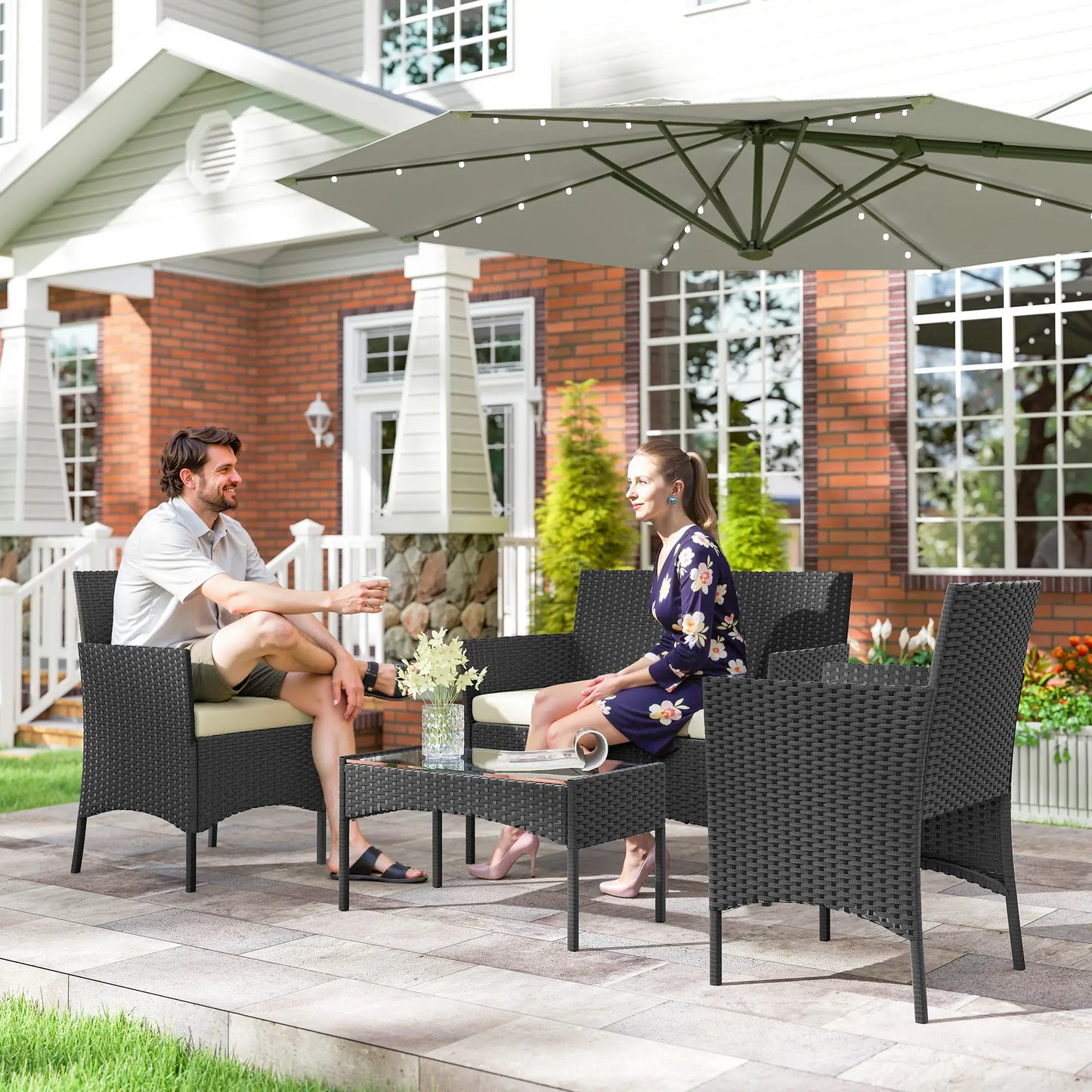 Black & Cream Rattan Garden Furniture Sofa Set – 4 Seater Patio Lounge Set with Glass Table