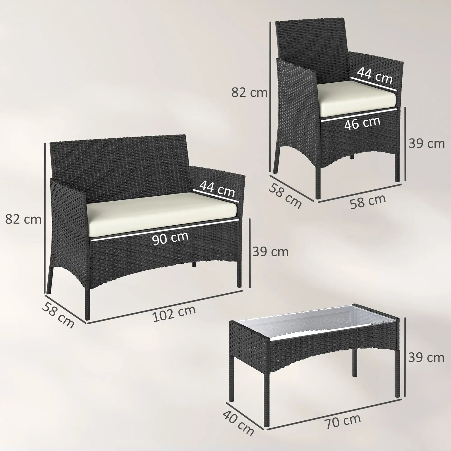 Black & Cream Rattan Garden Furniture Sofa Set – 4 Seater Patio Lounge Set with Glass Table