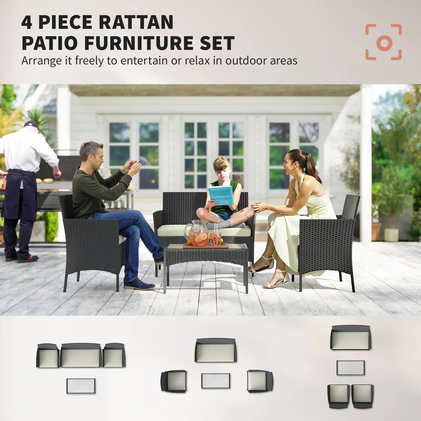 Black & Cream Rattan Garden Furniture Sofa Set – 4 Seater Patio Lounge Set with Glass Table