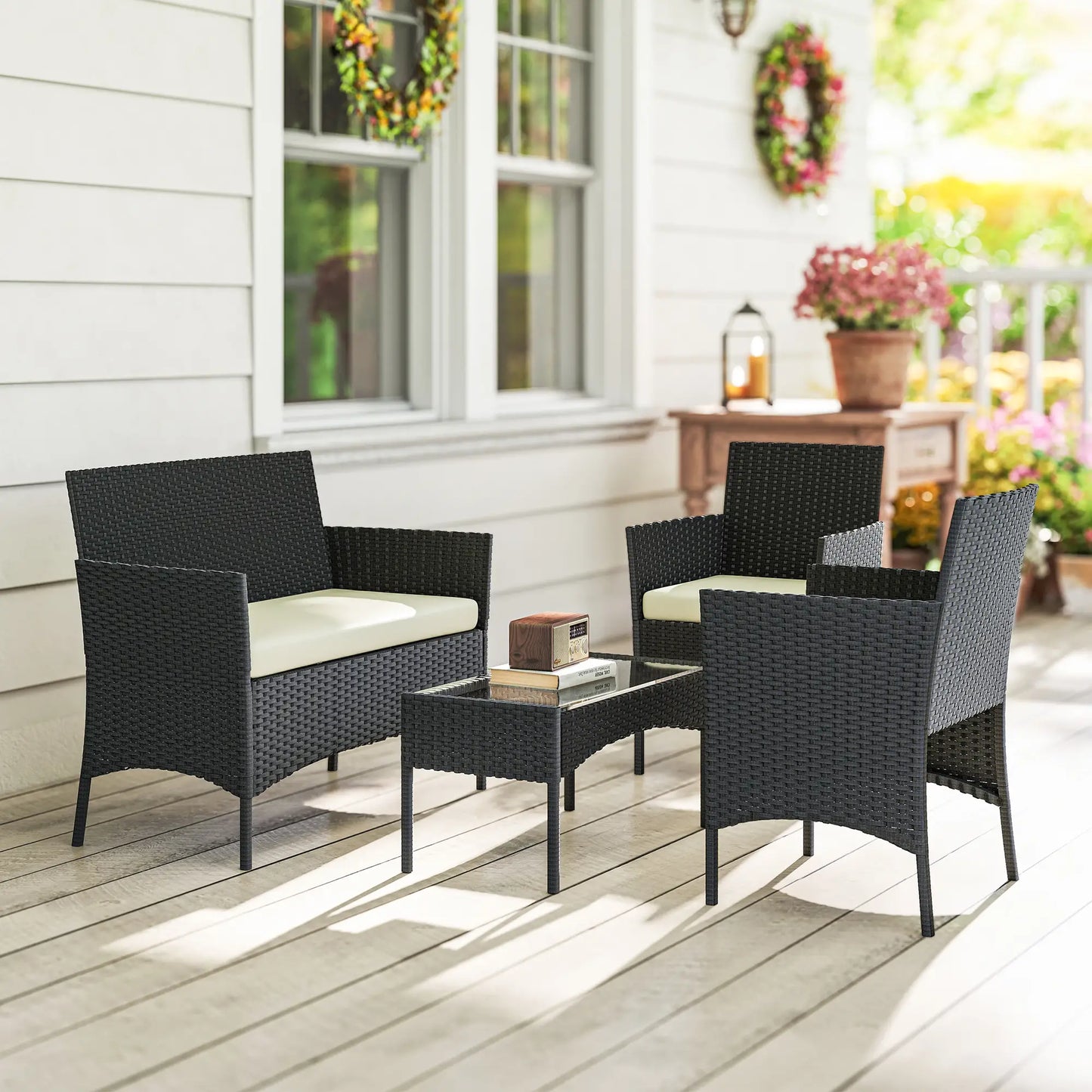 Black & Cream Rattan Garden Furniture Sofa Set – 4 Seater Patio Lounge Set with Glass Table