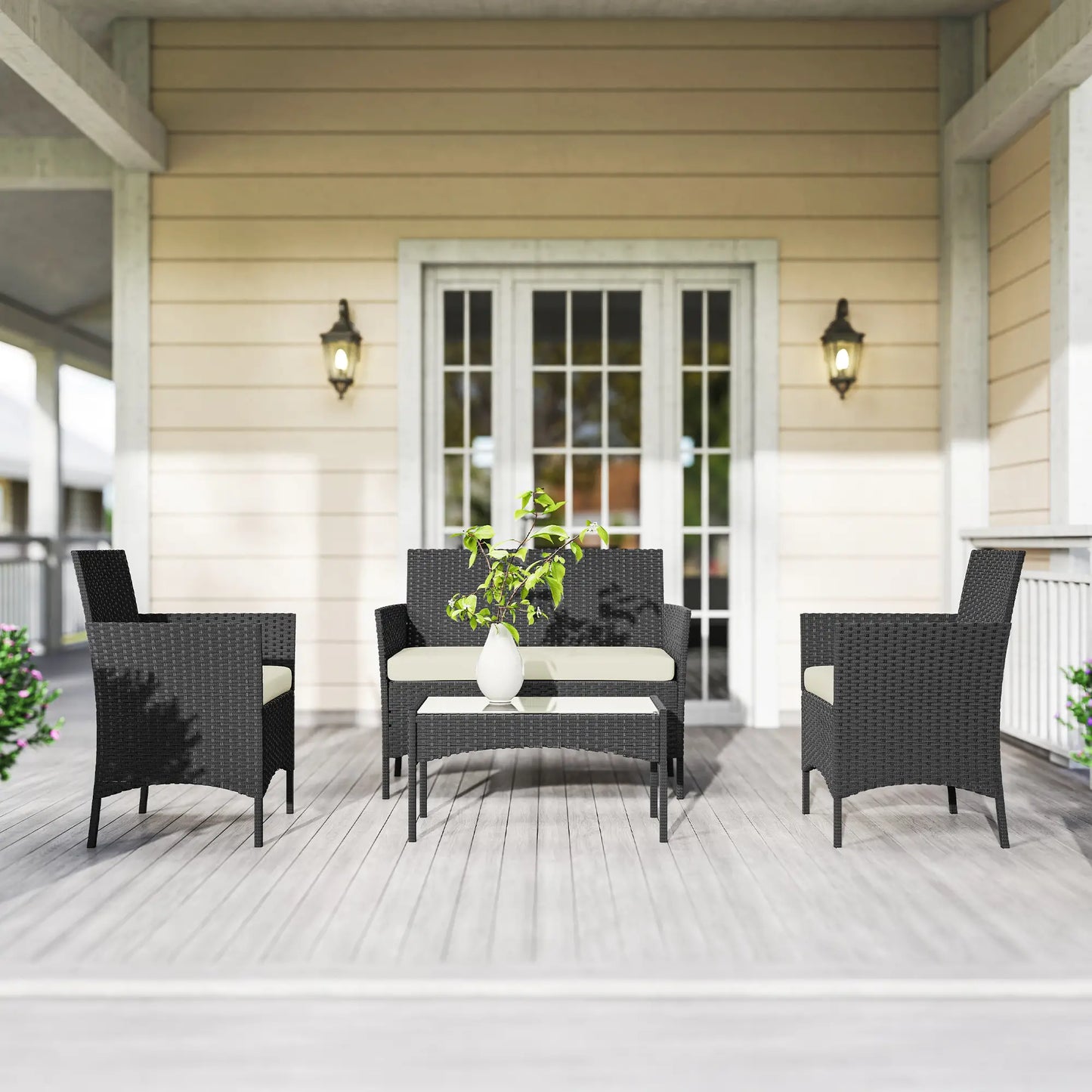 Black & Cream Rattan Garden Furniture Sofa Set – 4 Seater Patio Lounge Set with Glass Table