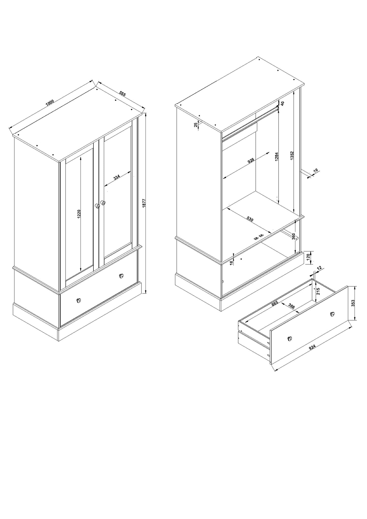 Cotswold 2 Mirror Door & 1 Drawer Wardrobe