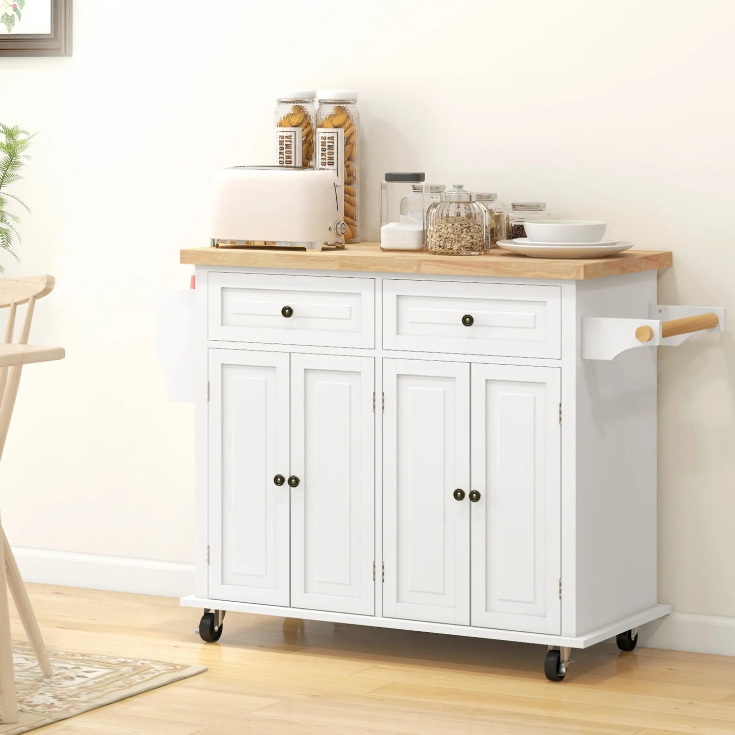 Kitchen Island Storage Rolling Trolley with Rubber Wood Top & Drawers in Cream White