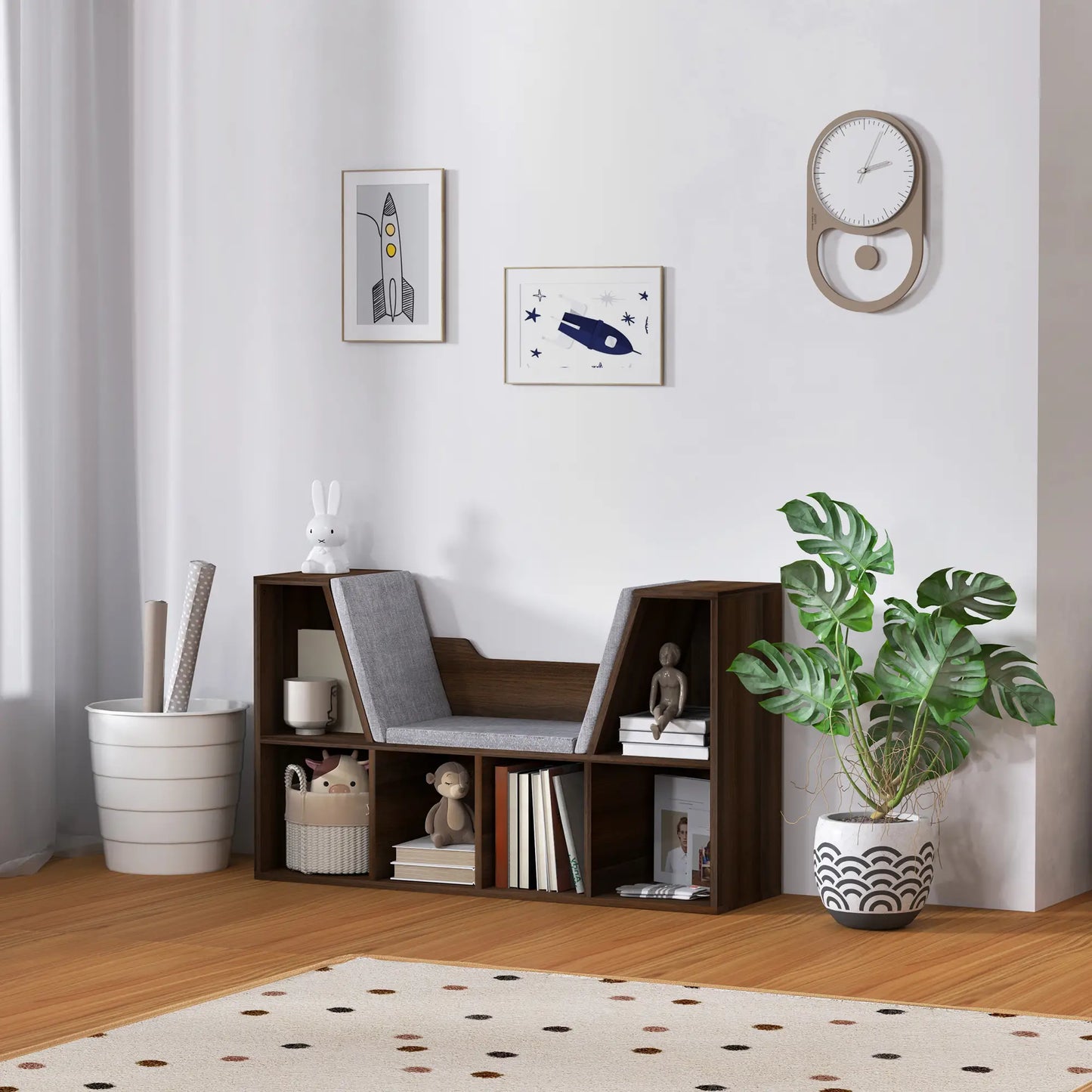 HOMCOM Bookcase with Cushioned Seat – Storage Cube Shelf Reading Bench, Chestnut