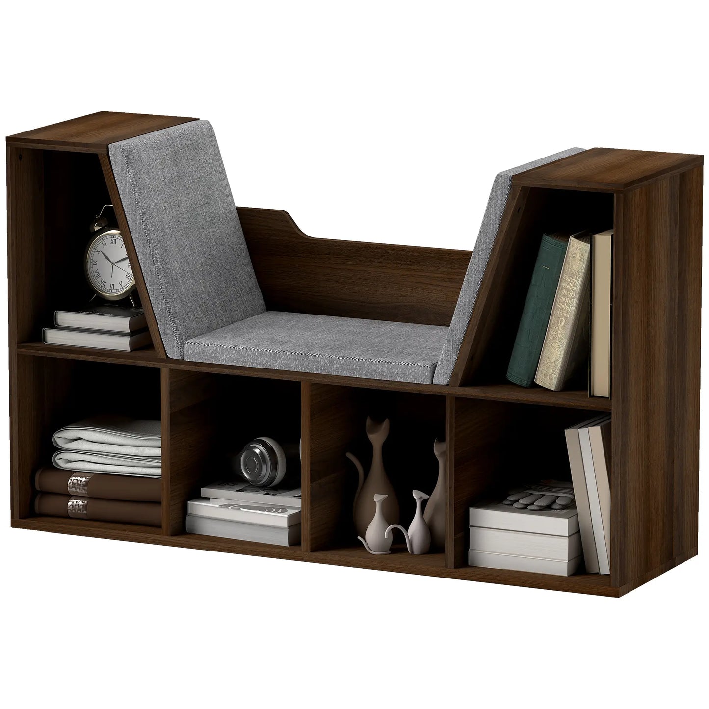HOMCOM Bookcase with Cushioned Seat – Storage Cube Shelf Reading Bench, Chestnut