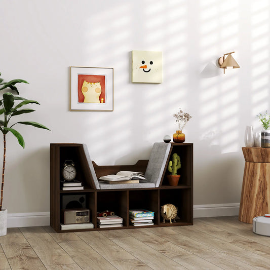 HOMCOM Bookcase with Cushioned Seat – Storage Cube Shelf Reading Bench, Chestnut