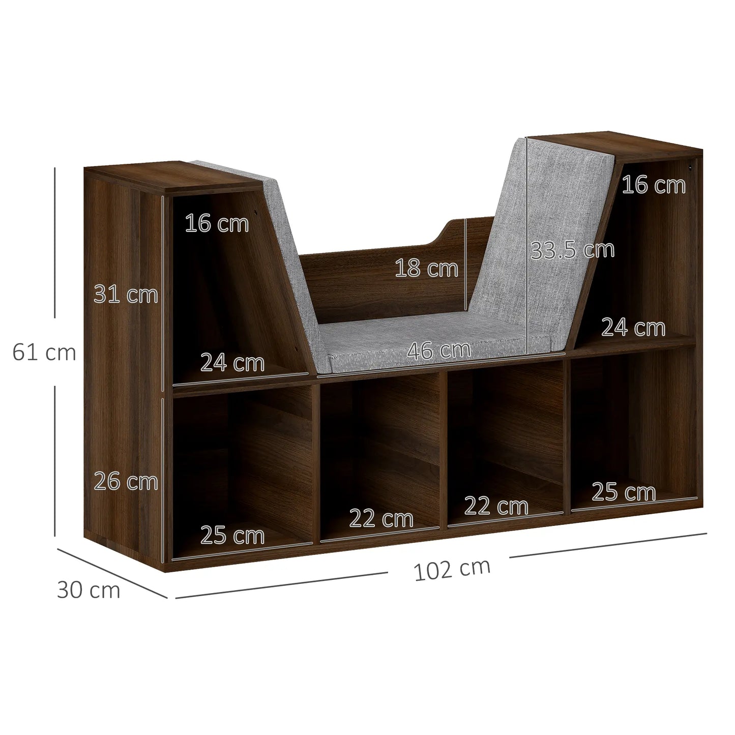 HOMCOM Bookcase with Cushioned Seat – Storage Cube Shelf Reading Bench, Chestnut