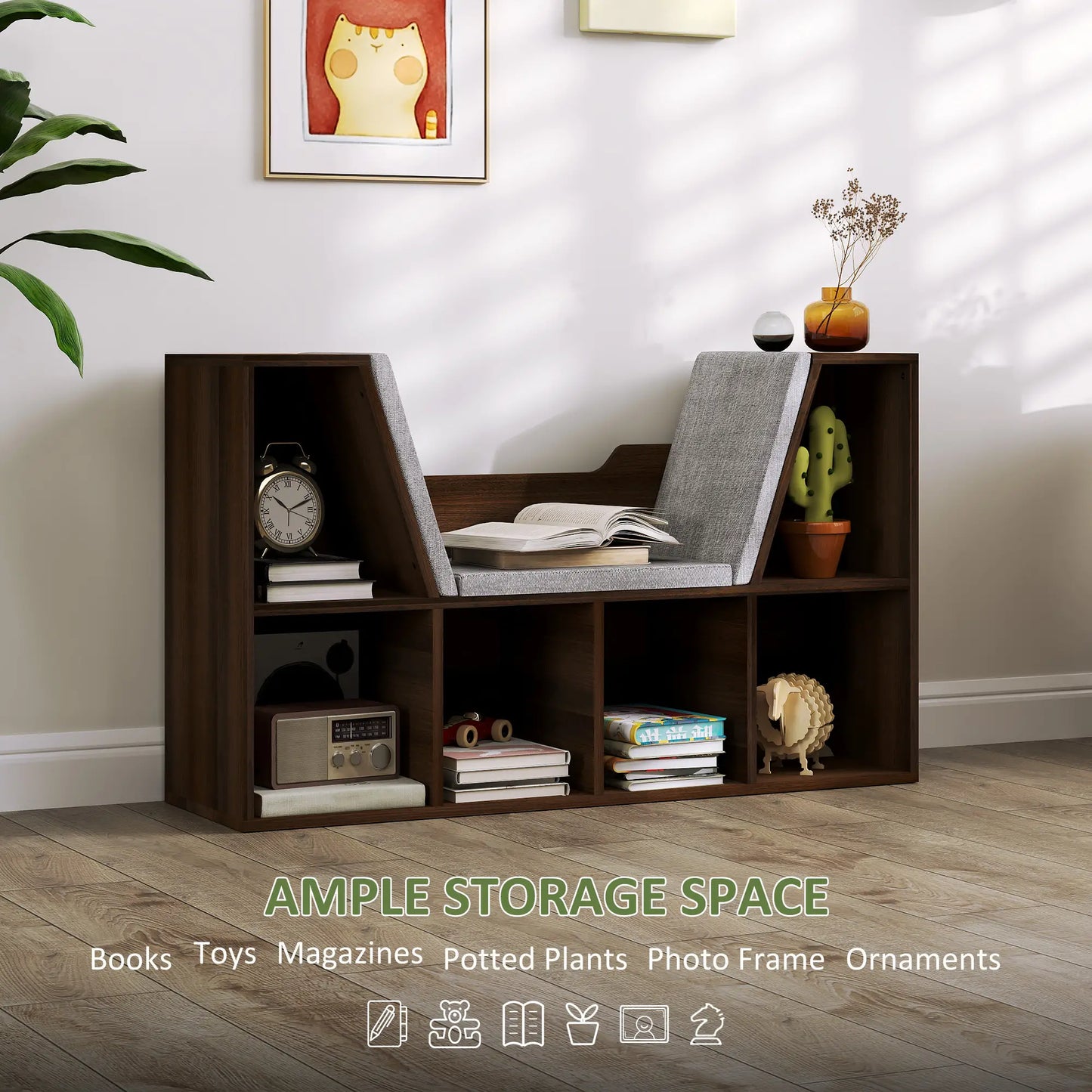 HOMCOM Bookcase with Cushioned Seat – Storage Cube Shelf Reading Bench, Chestnut