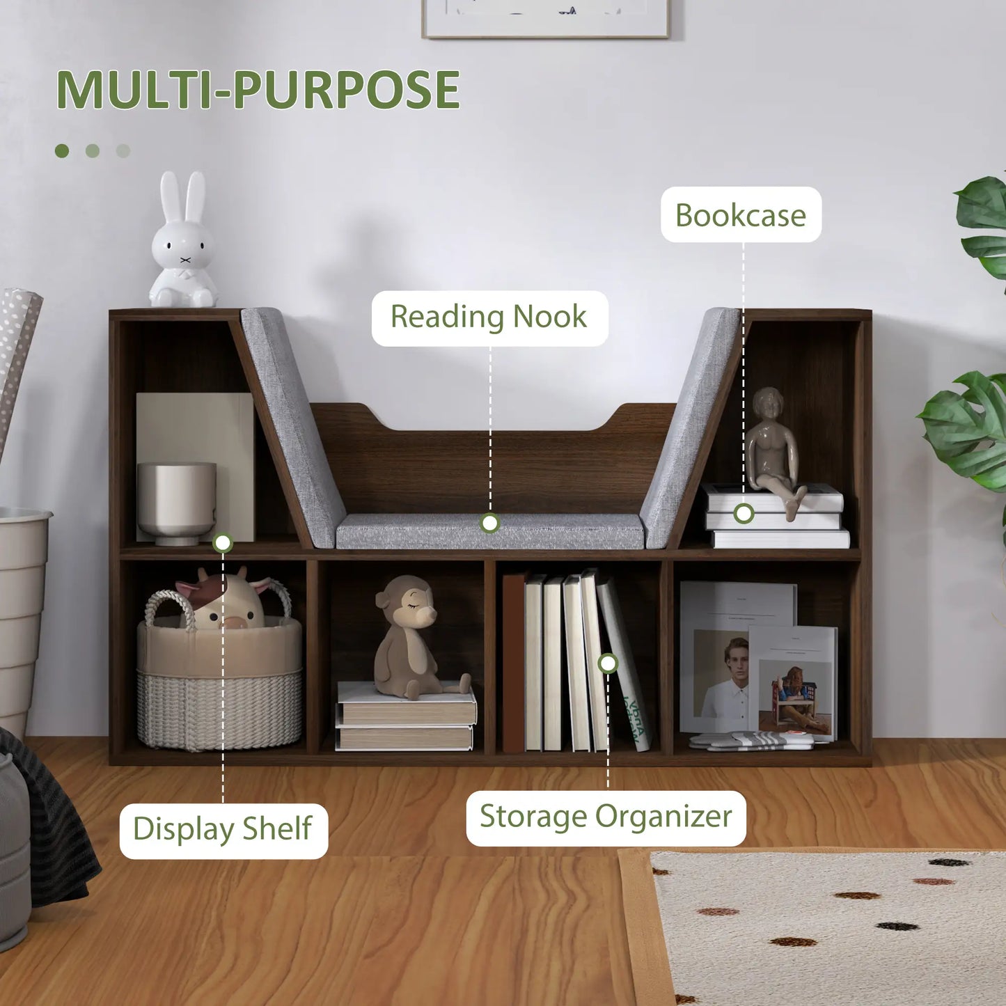 HOMCOM Bookcase with Cushioned Seat – Storage Cube Shelf Reading Bench, Chestnut