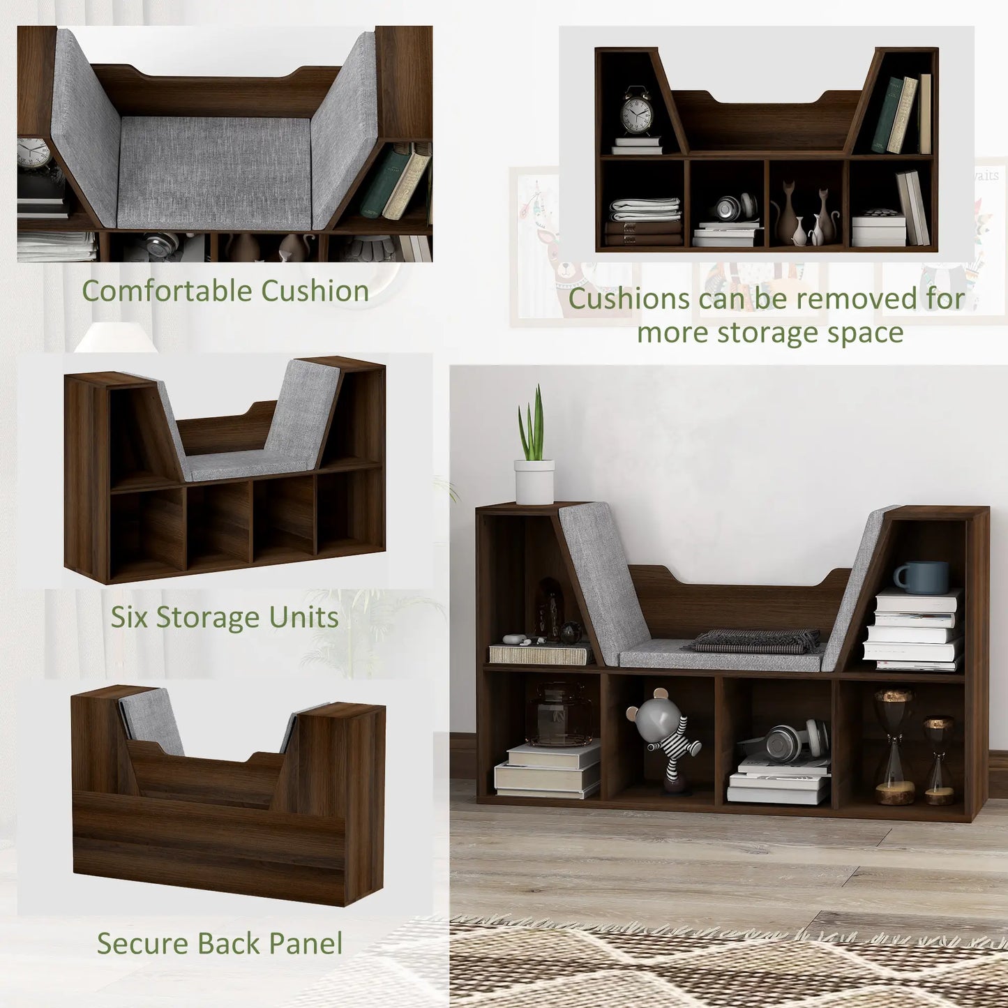 HOMCOM Bookcase with Cushioned Seat – Storage Cube Shelf Reading Bench, Chestnut