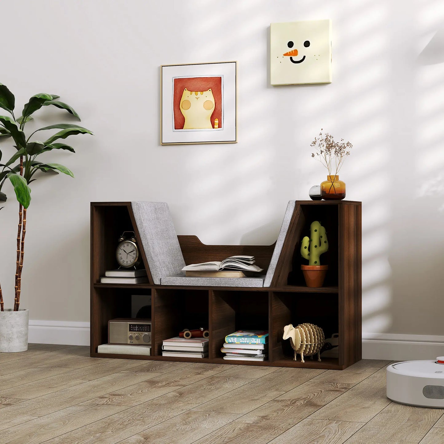 HOMCOM Bookcase with Cushioned Seat – Storage Cube Shelf Reading Bench, Chestnut