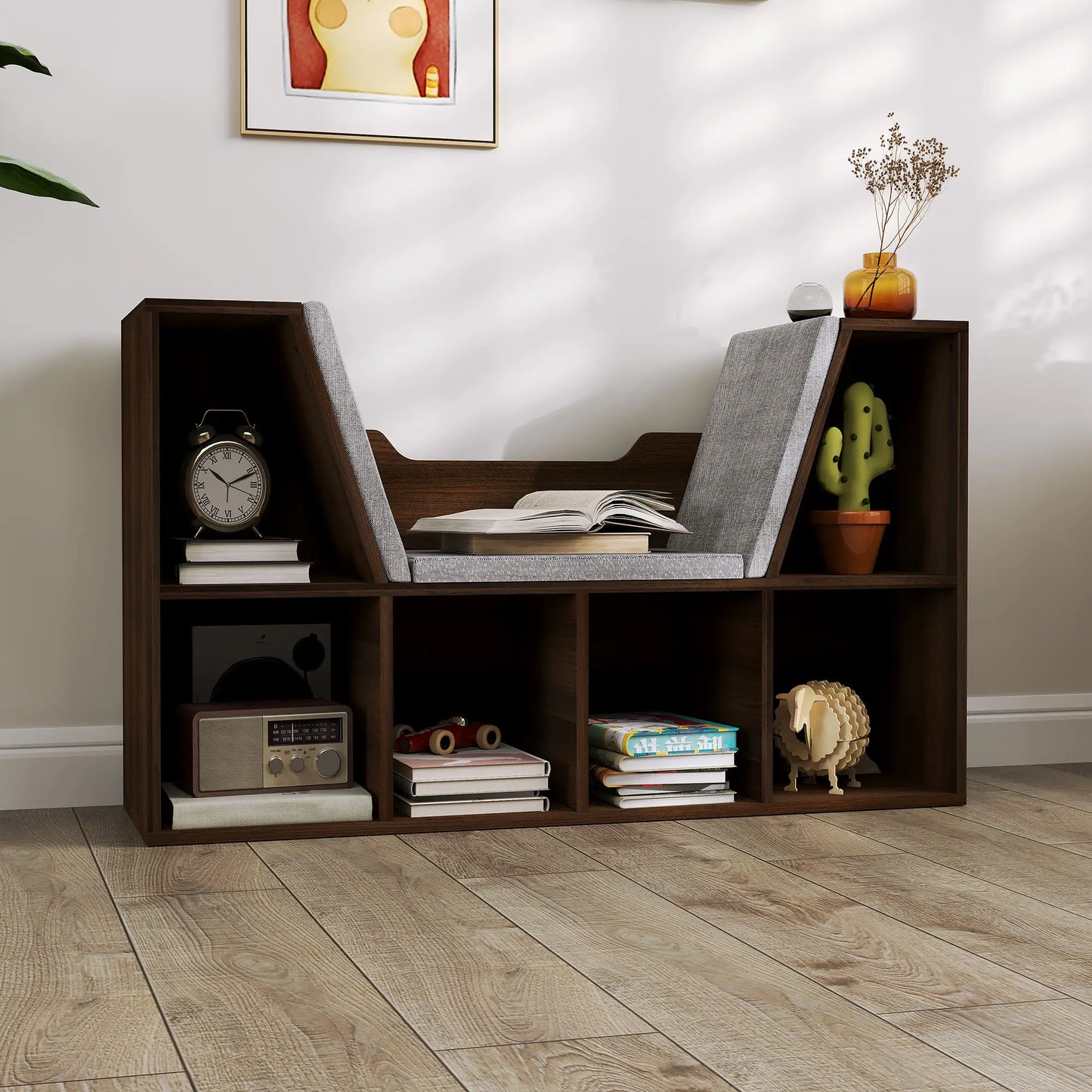HOMCOM Bookcase with Cushioned Seat – Storage Cube Shelf Reading Bench, Chestnut