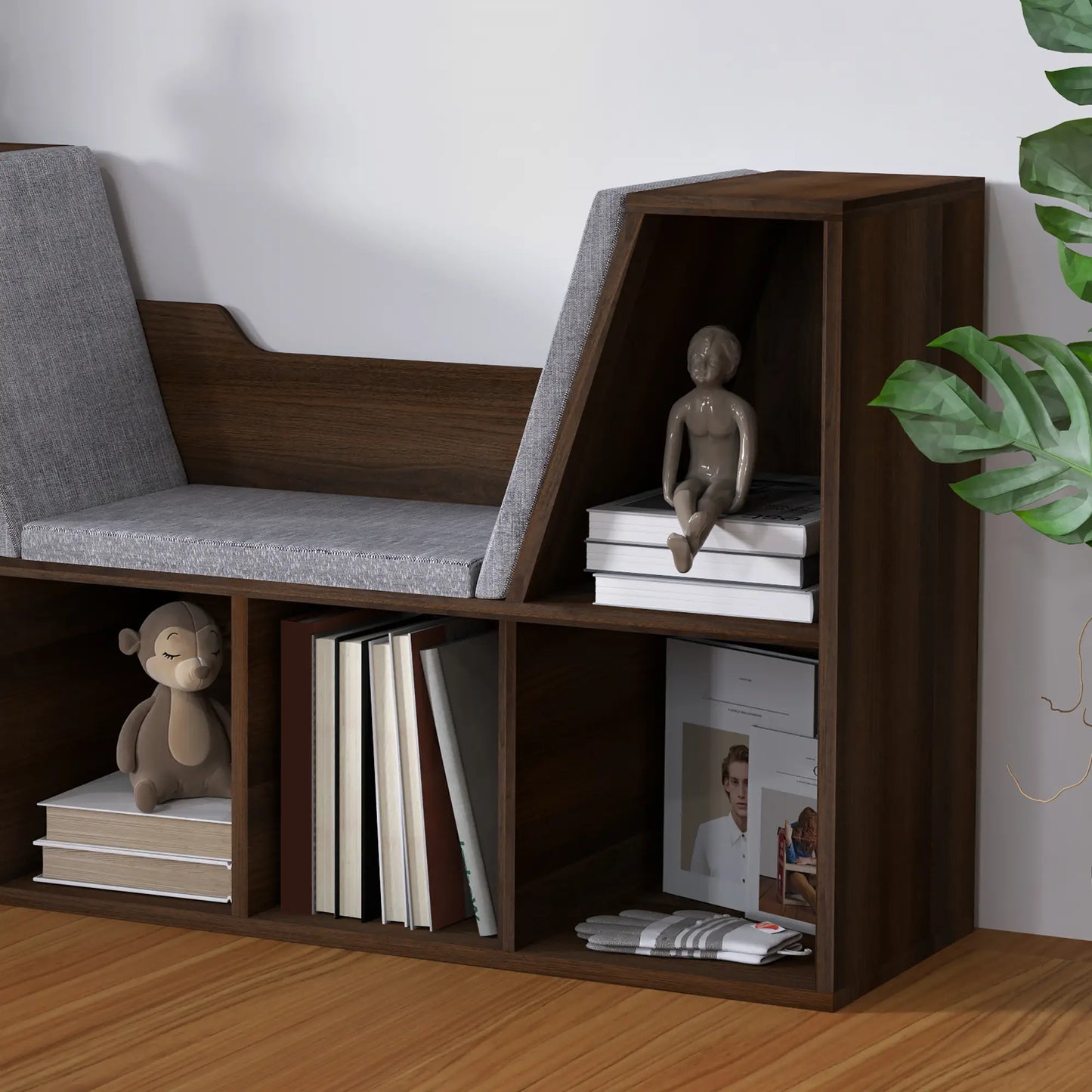 HOMCOM Bookcase with Cushioned Seat – Storage Cube Shelf Reading Bench, Chestnut