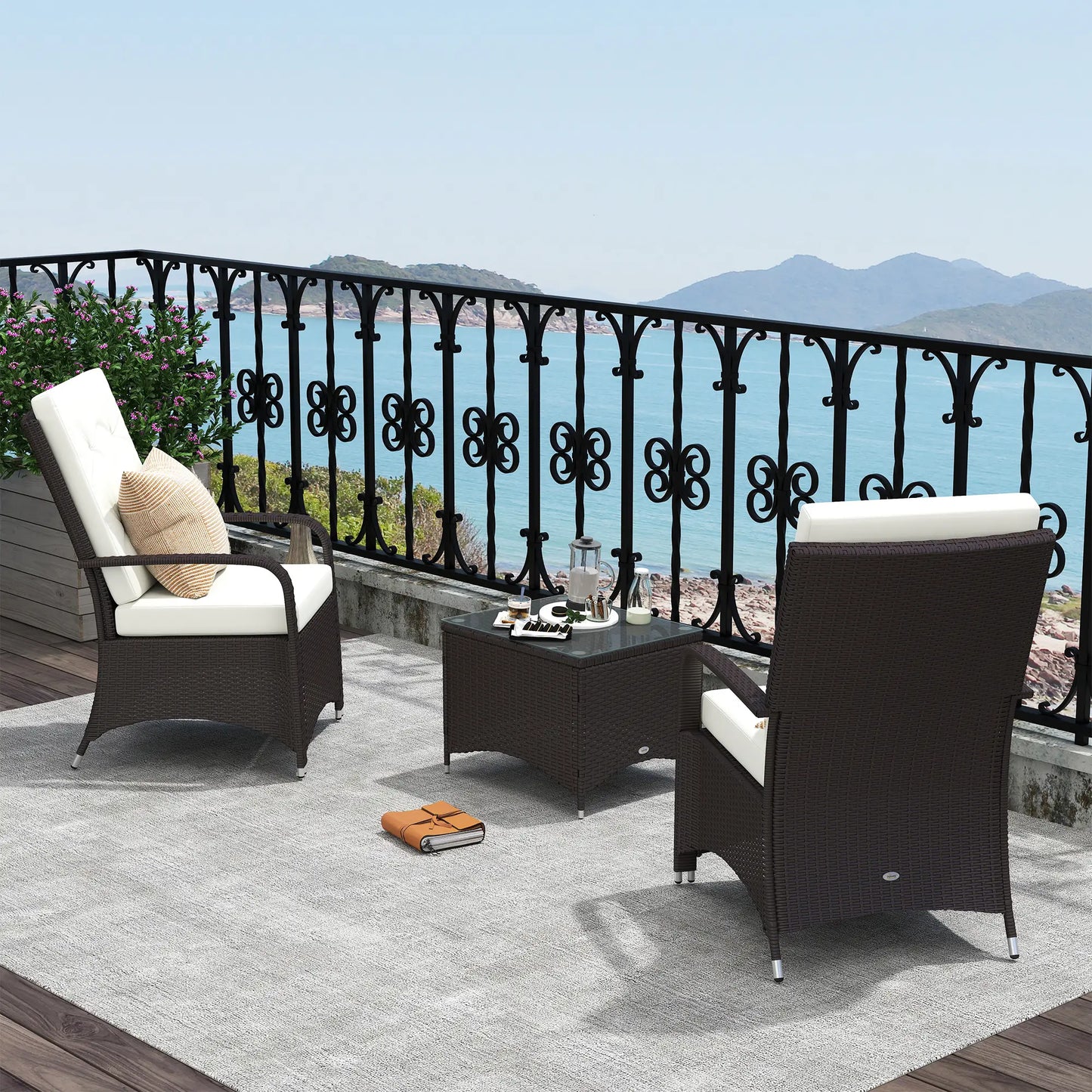 Outsunny Cream Rattan Bistro Set – 3pc Garden Furniture with Cushions & Cover