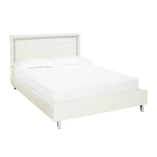 Crystalle White Faux Leather Bed - Diamante Trim & Buttons - King Size