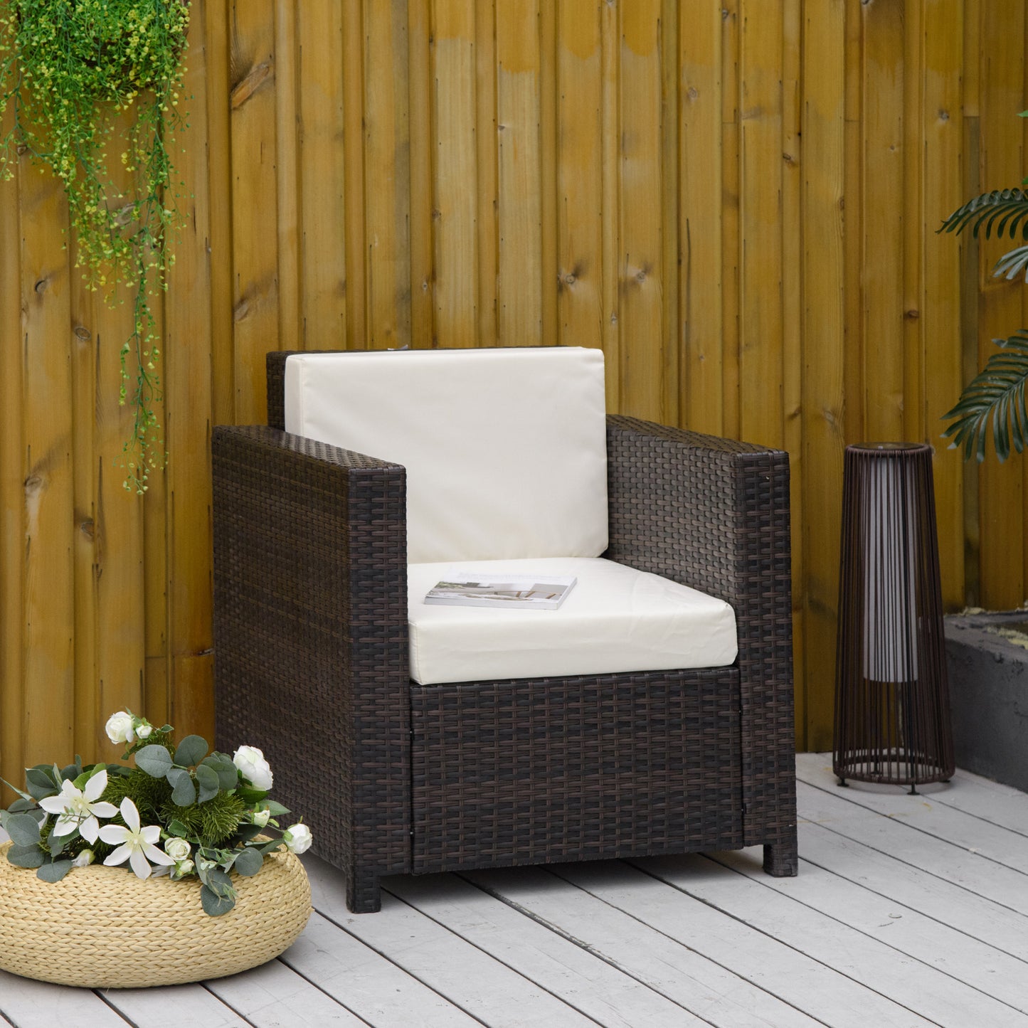 Single Seater Rattan Chair, PE Wicker Garden Armchair with 10 cm Thickened Cushion - Brown