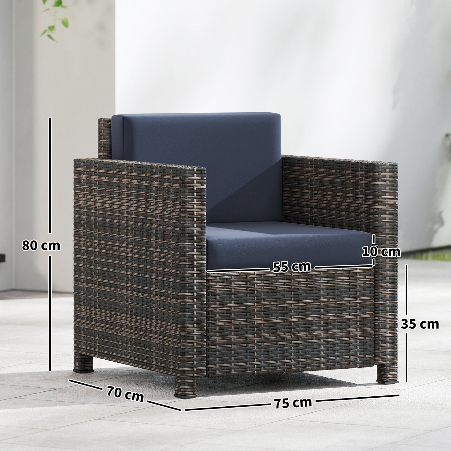 Rattan Garden Armchair with Cushion - Mixed Brown/Navy Blue