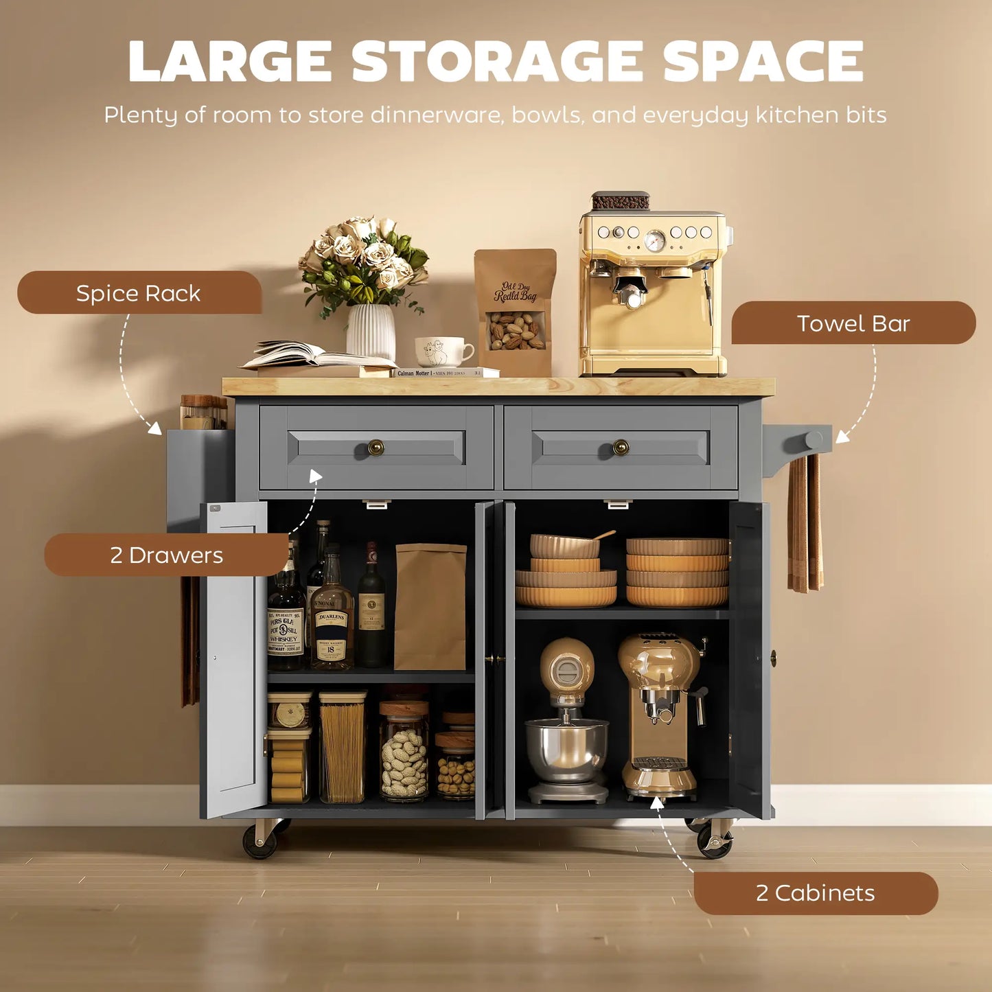 Kitchen Island Storage Rolling Trolley with Rubber Wood Top - Grey