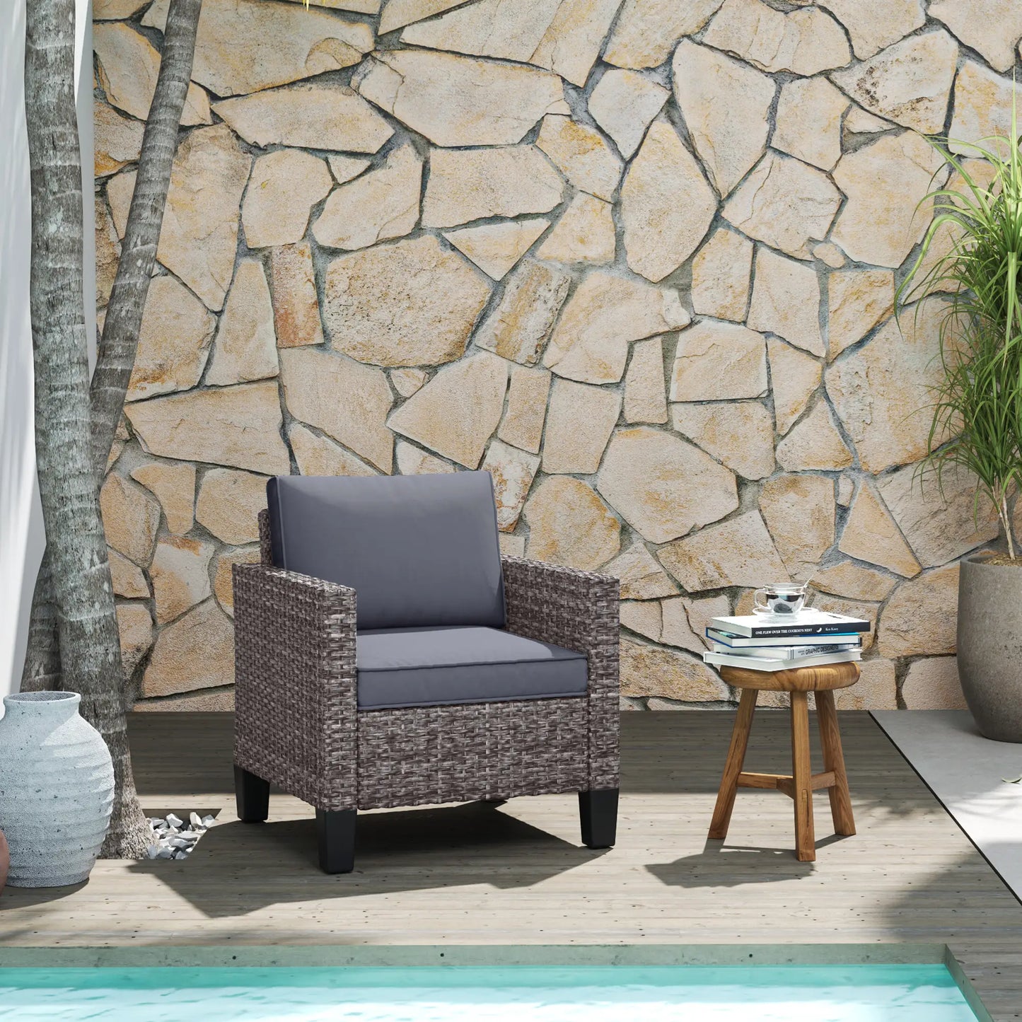 Outsunny Mixed Grey Rattan Garden Armchair – Cushioned Outdoor Lounge Chair
