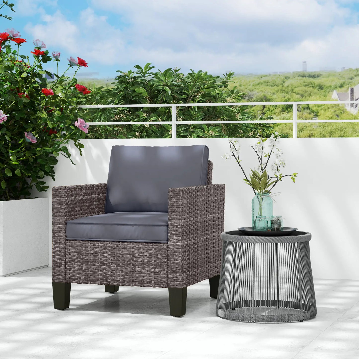 Outsunny Mixed Grey Rattan Garden Armchair – Cushioned Outdoor Lounge Chair