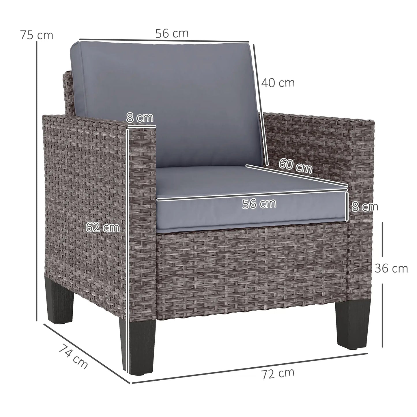 Outsunny Mixed Grey Rattan Garden Armchair – Cushioned Outdoor Lounge Chair