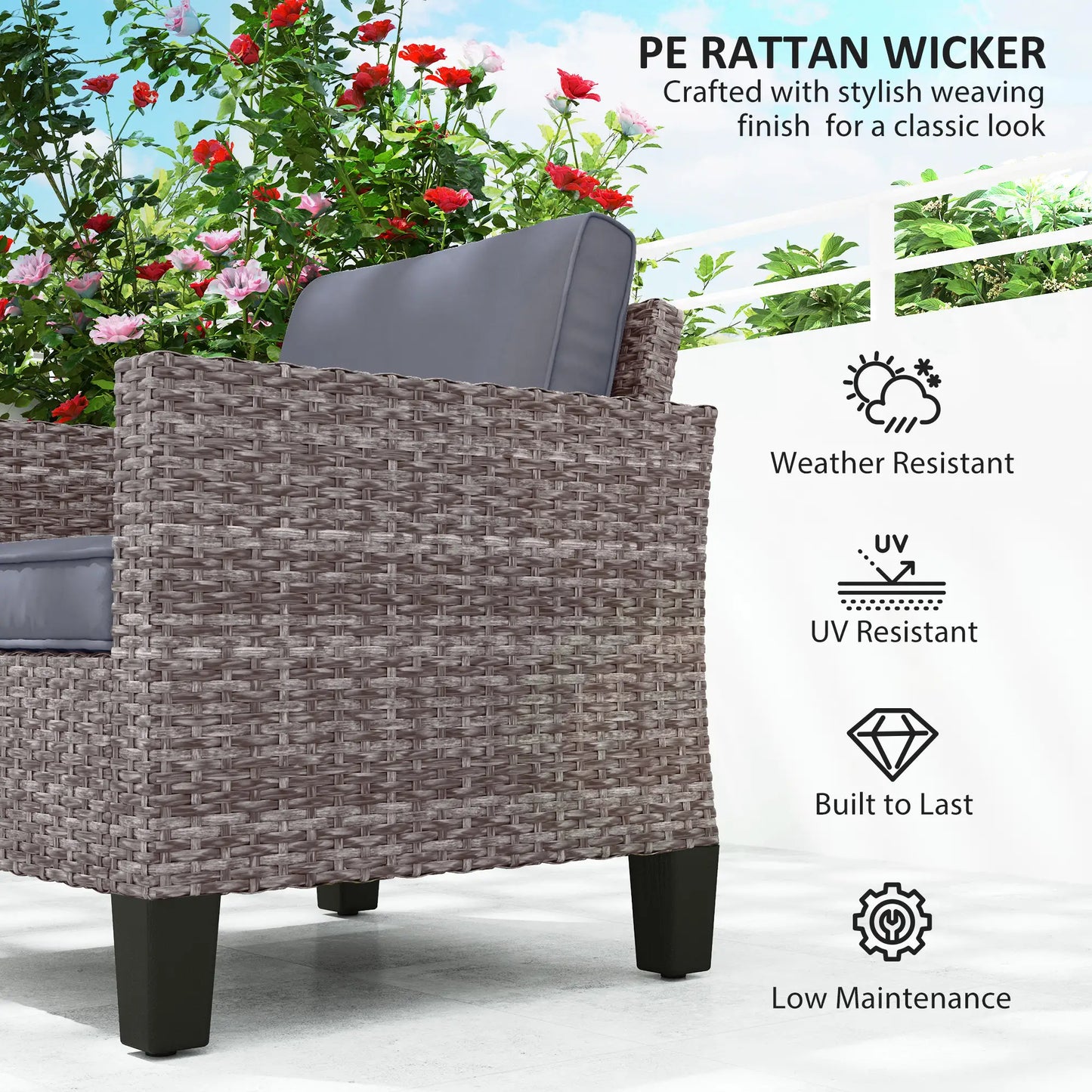 Outsunny Mixed Grey Rattan Garden Armchair – Cushioned Outdoor Lounge Chair