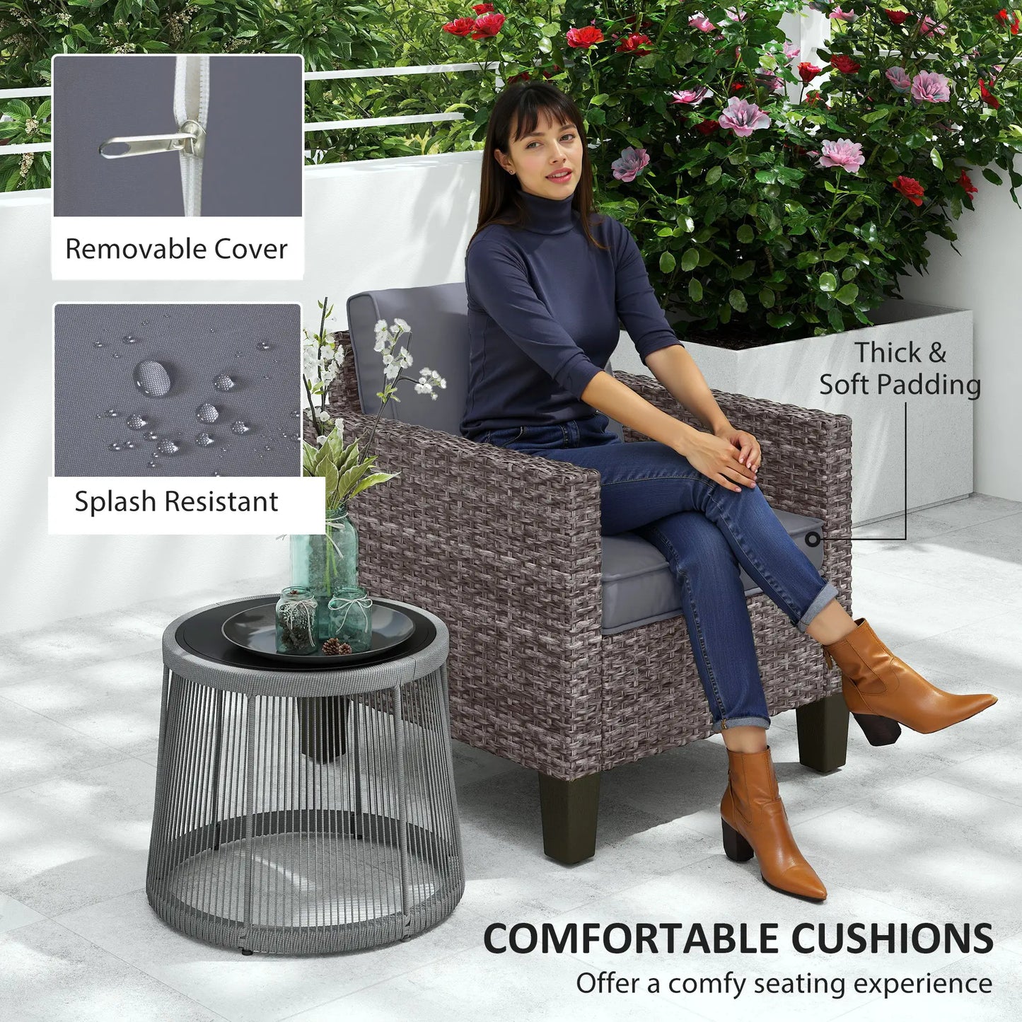 Outsunny Mixed Grey Rattan Garden Armchair – Cushioned Outdoor Lounge Chair