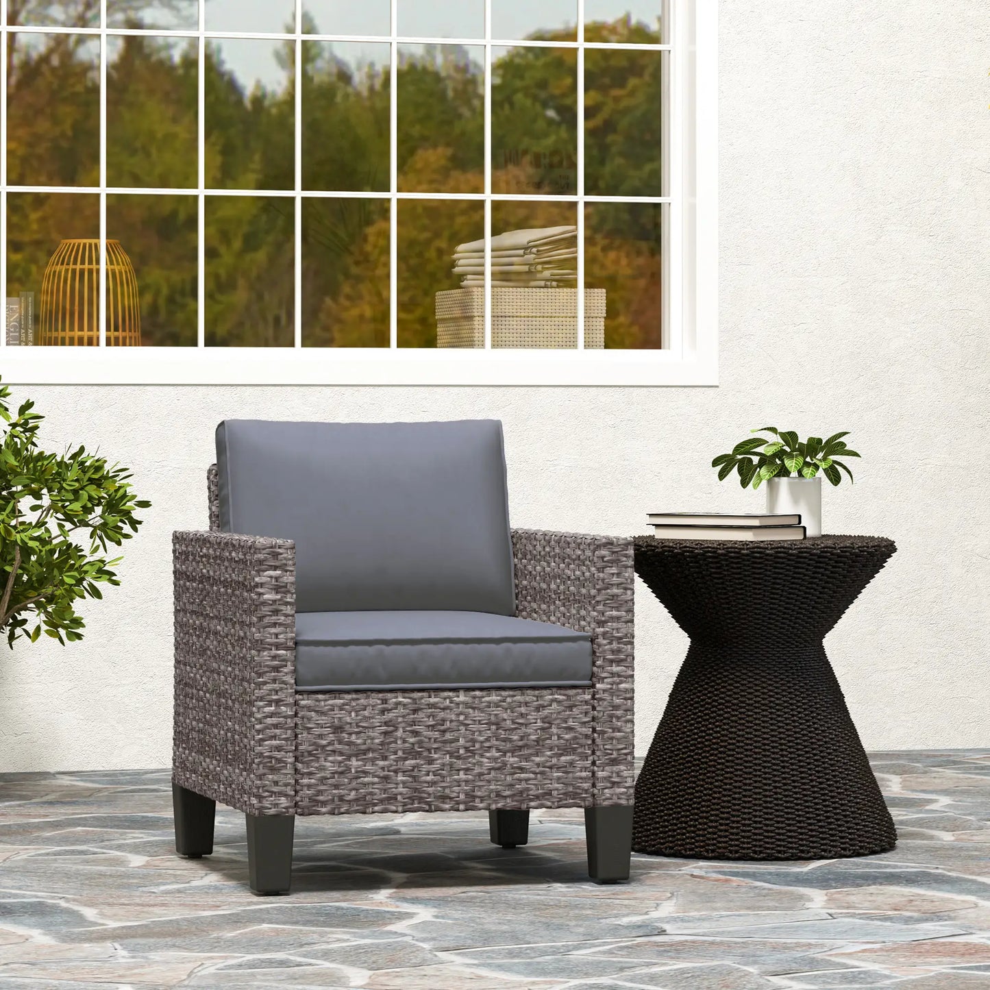 Outsunny Mixed Grey Rattan Garden Armchair – Cushioned Outdoor Lounge Chair