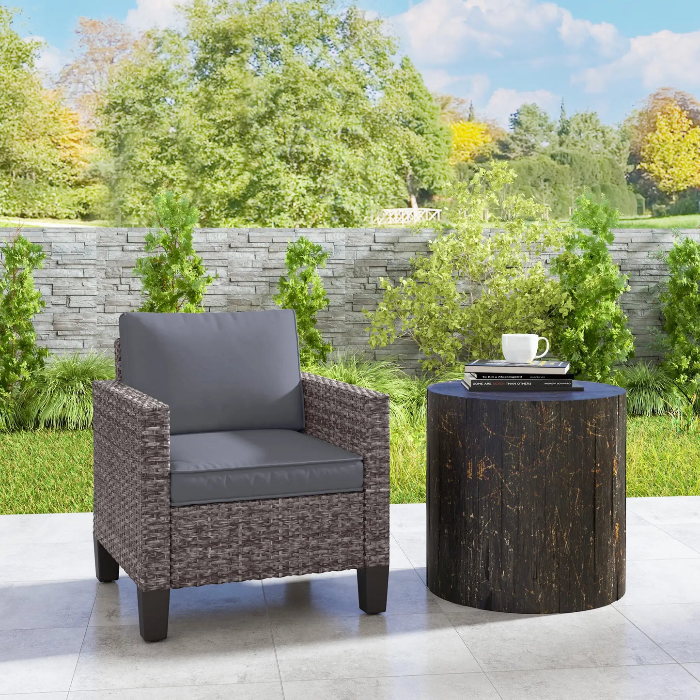 Outsunny Mixed Grey Rattan Garden Armchair – Cushioned Outdoor Lounge Chair