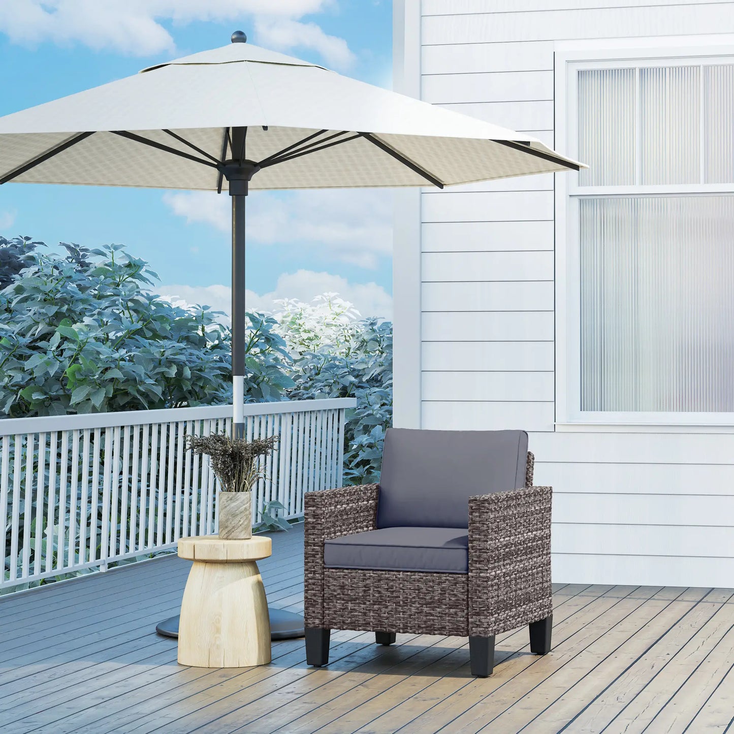 Outsunny Mixed Grey Rattan Garden Armchair – Cushioned Outdoor Lounge Chair