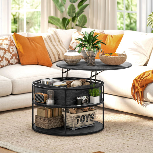 Round Coffee Table with Lift Top and Storage Shelf and Hidden Compartment