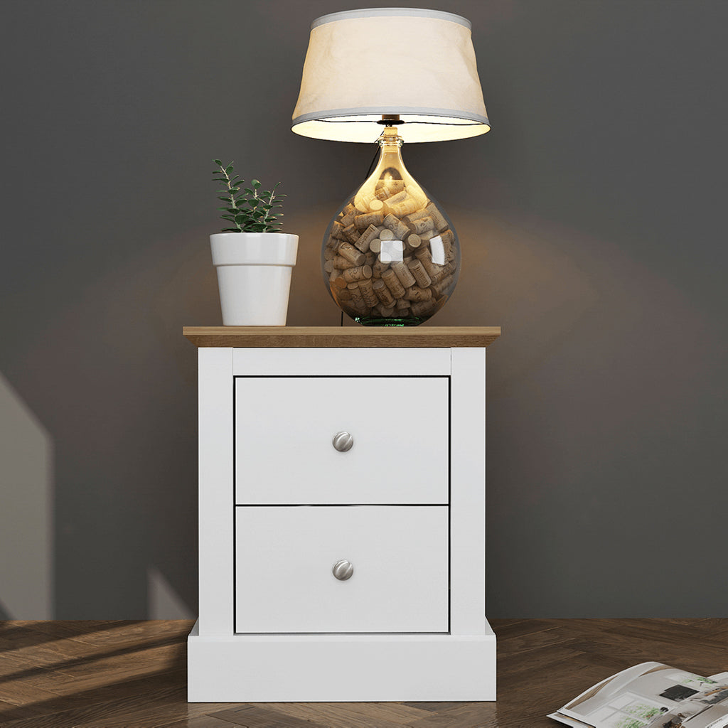 Devon Country Style Wooden Bedroom Furniture Range - White & Oak - Bedside Cabinet