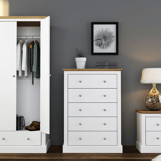 Devon Country Style White & Oak - 5 Drawer Chest