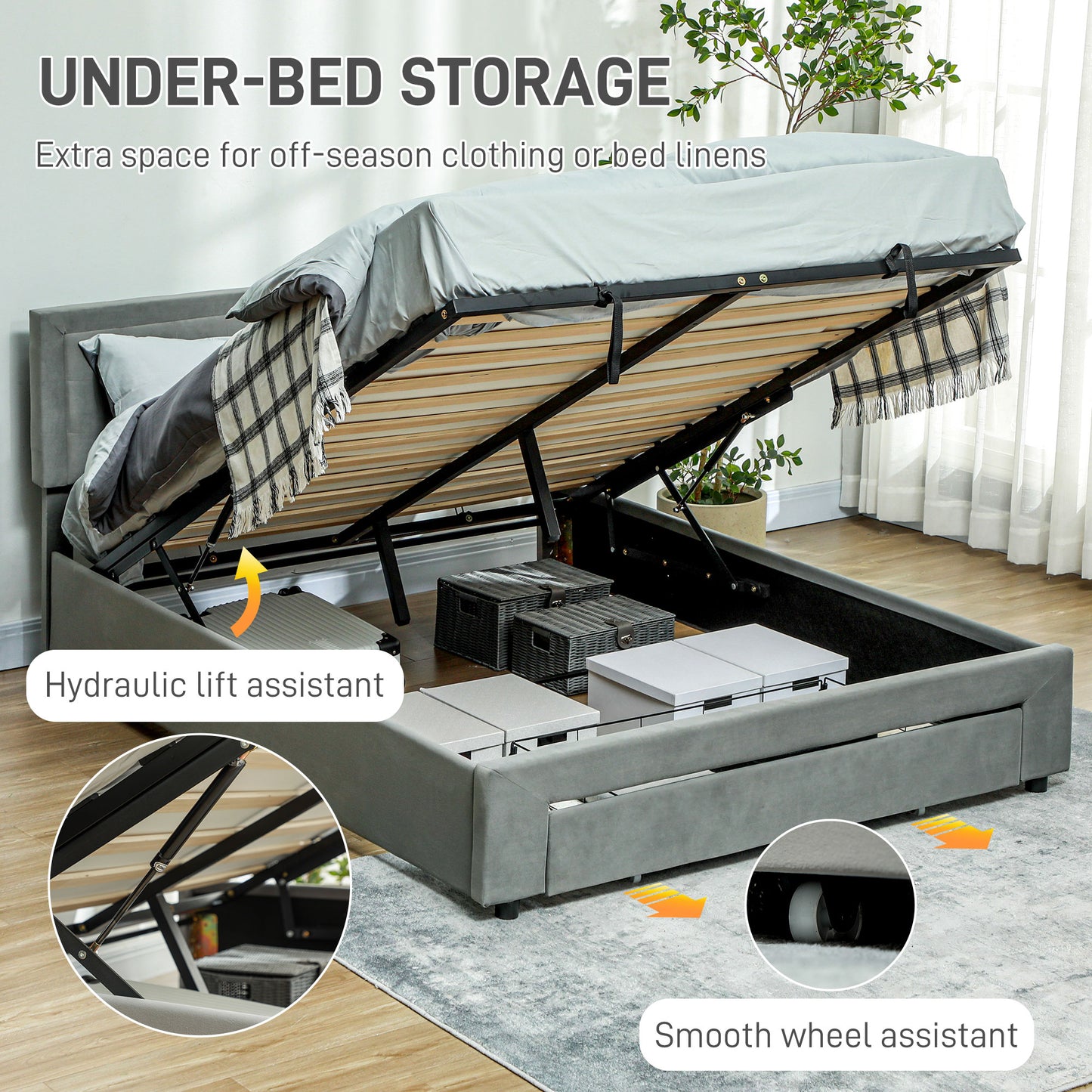 HOMCOM Double Ottoman Bed Frame with Front Drawer in Grey