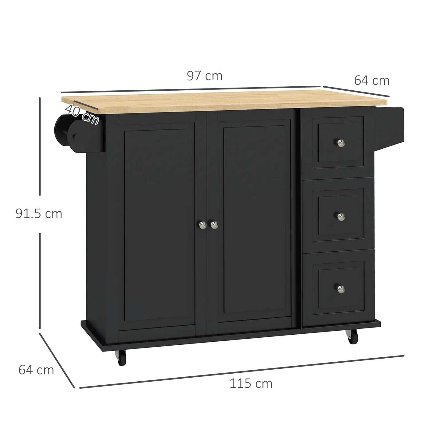 Kitchen Island with Drop Leaf + Storage - Trolley on Wheels with 3 Drawers in Black