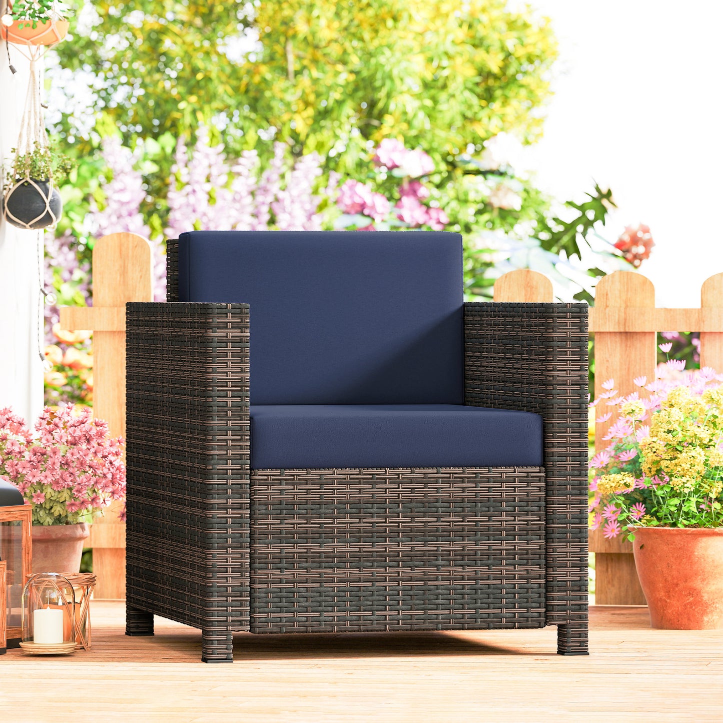 Rattan Garden Armchair with Cushion - Mixed Brown/Navy Blue