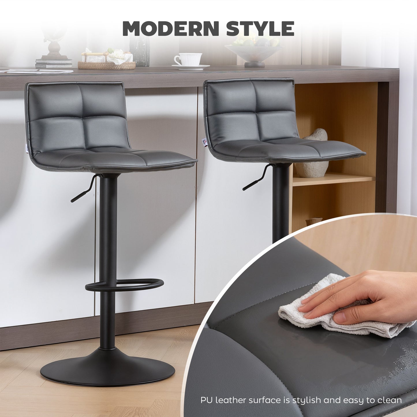 x 2 Bar Stools - Faux Leather (Pair) in Grey