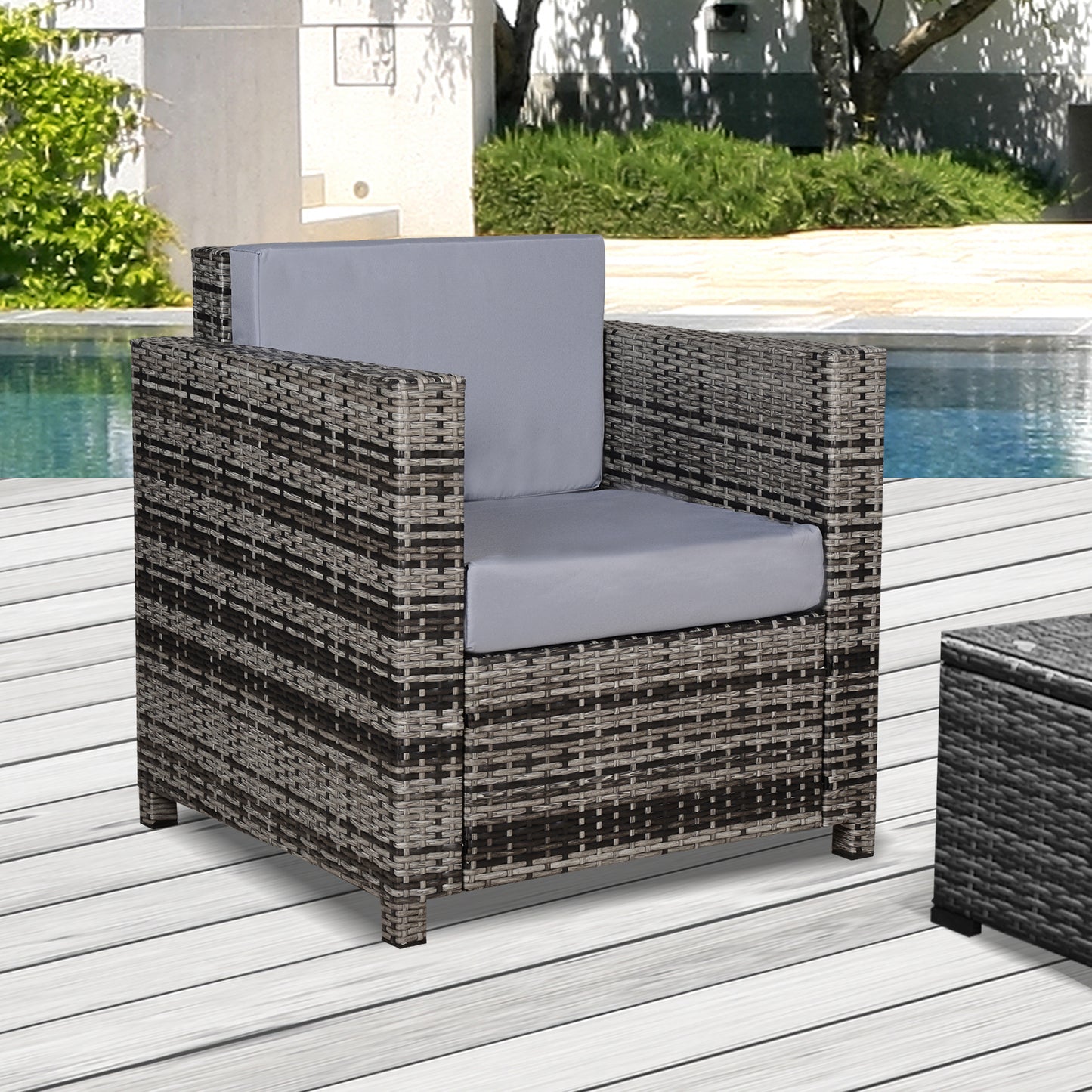 Rattan Garden Armchair 10cm Cushion Outdoor Single Chair with Steel Frame - Grey