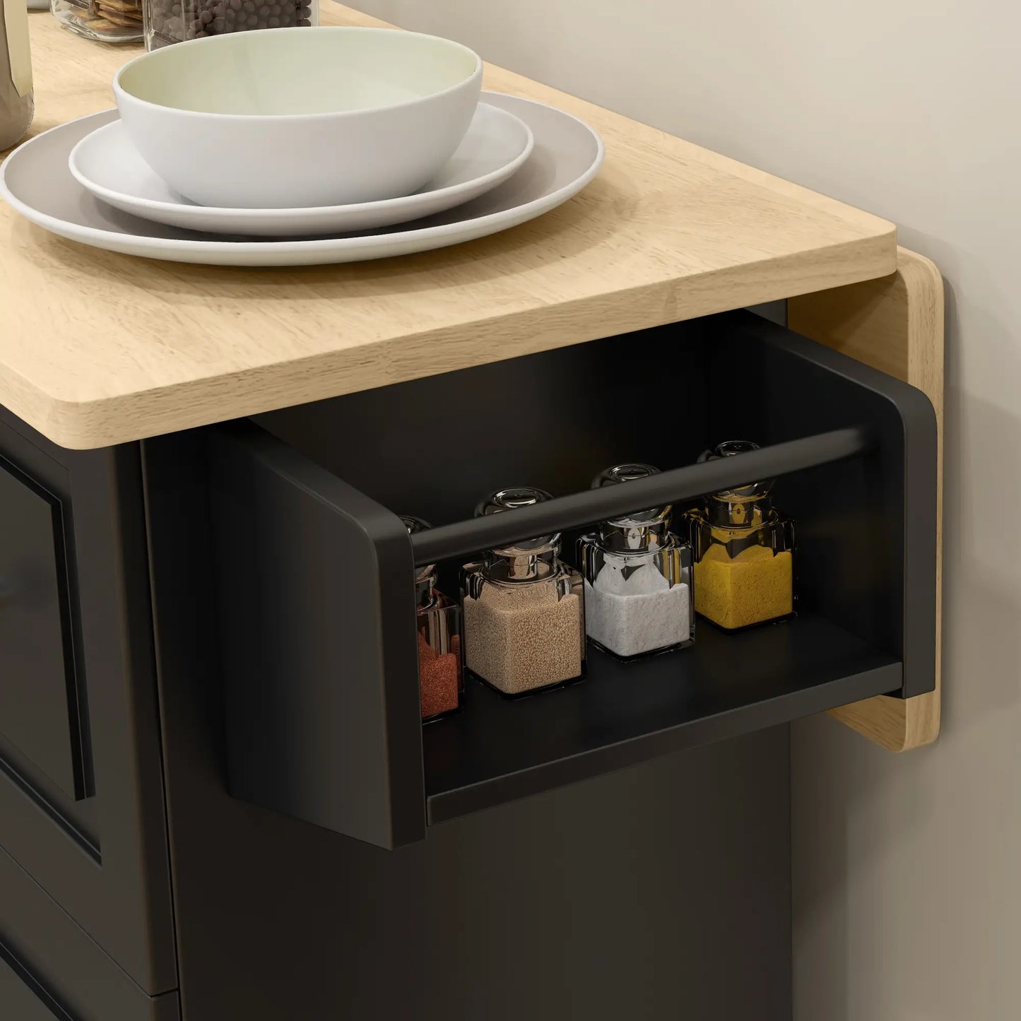 Kitchen Island with Drop Leaf + Storage - Trolley on Wheels with 3 Drawers in Black