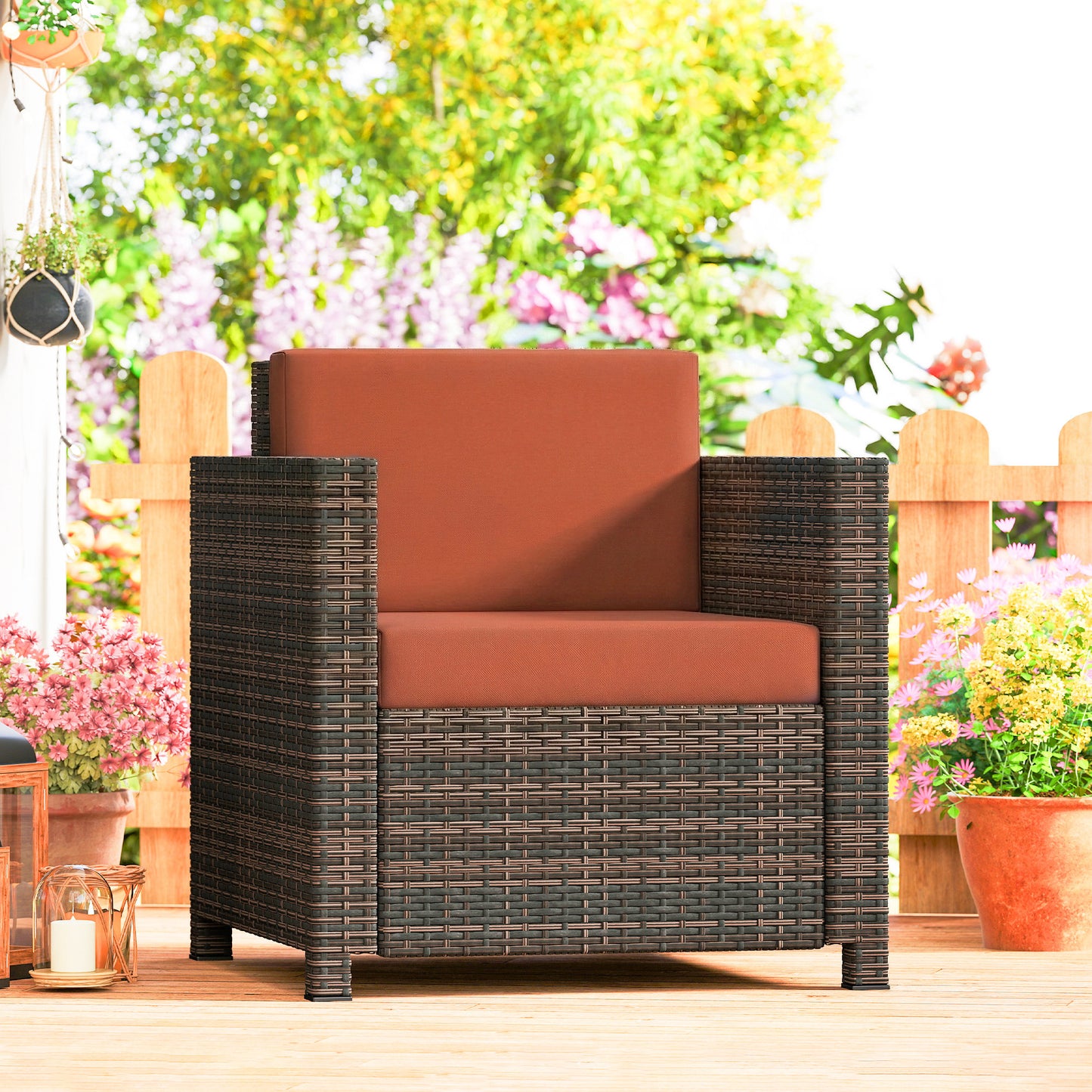 Rattan Garden Armchair with Cushion - Mixed Brown/Orange