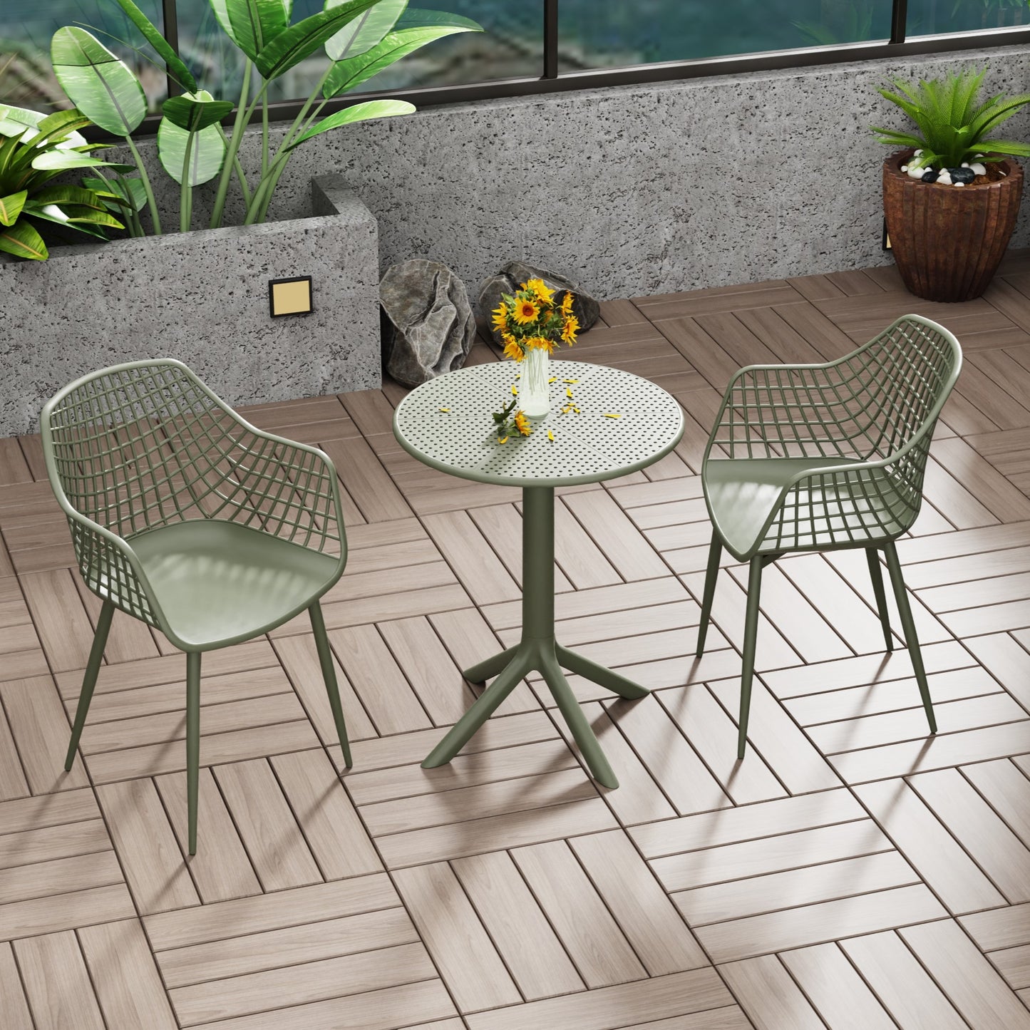 Remini Garden Moss Green 3 Piece Lattice Bistro Table & 2 Armchair Outdoor Set