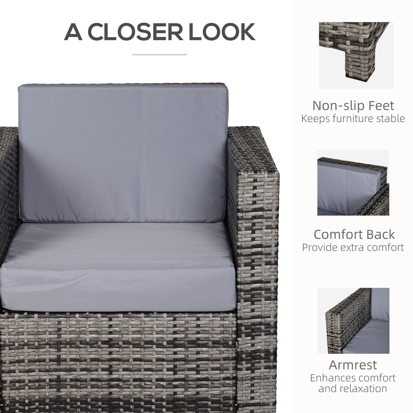 Rattan Garden Armchair 10cm Cushion Outdoor Single Chair with Steel Frame - Grey